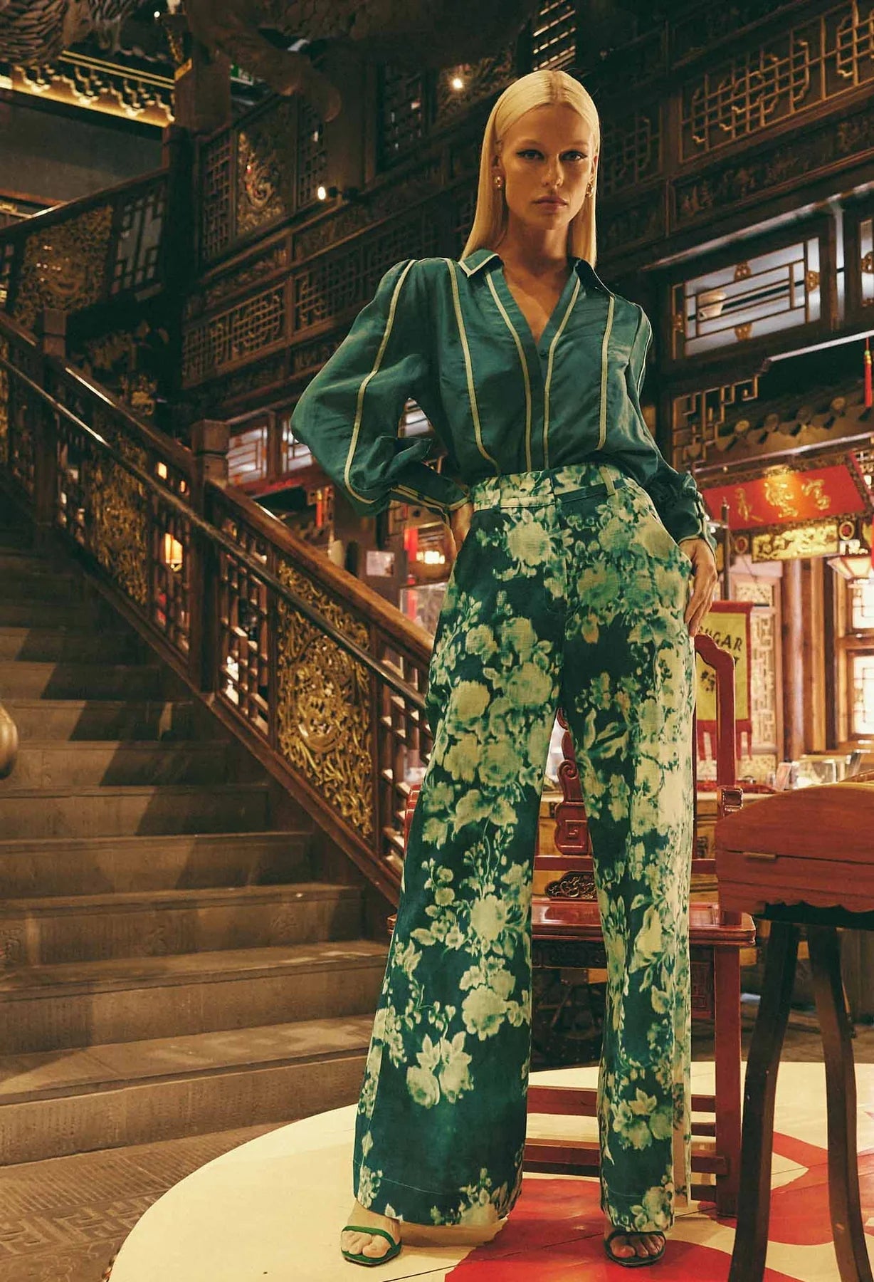 Shop Dynasty Linen Viscose Wide Leg Pant │ Jade Floral - ONCEWAS
