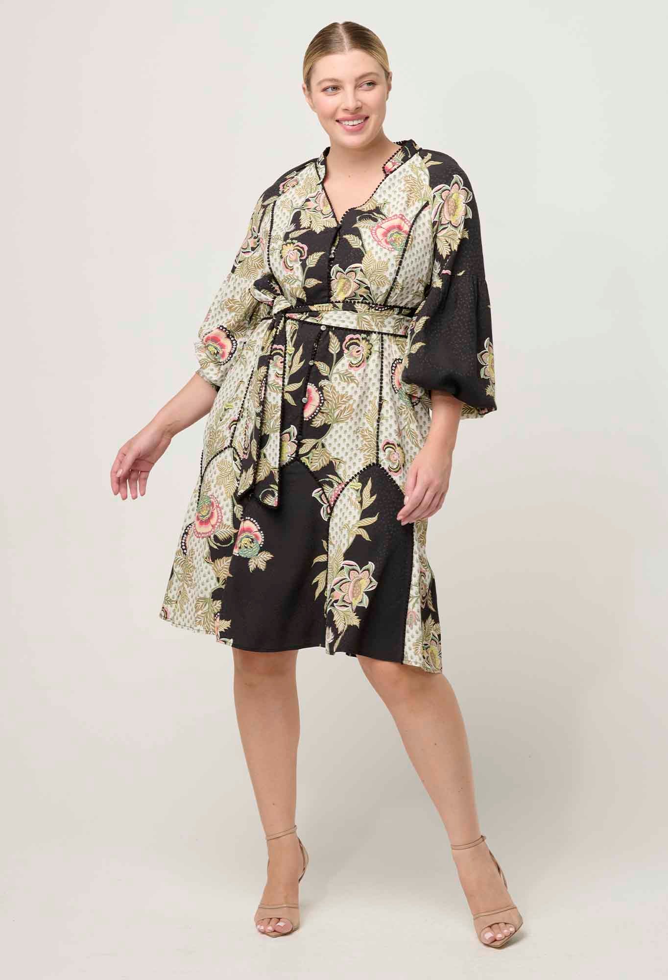 Shop Emersyn Linen Viscose Dress in Mariposa Nero - OnceWas