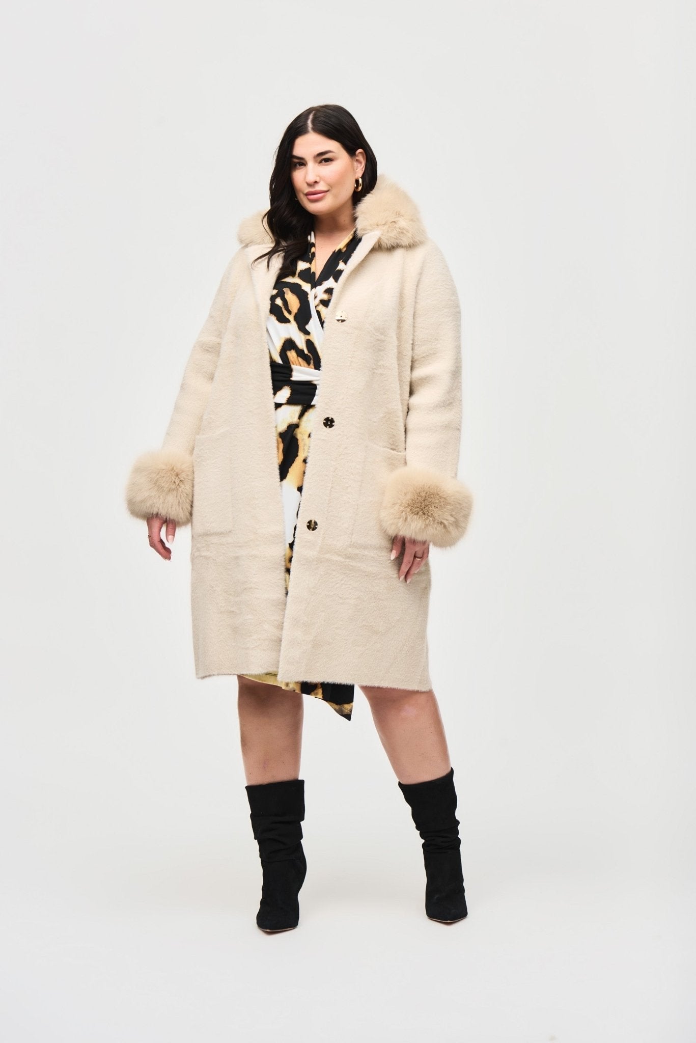 Shop Feather Yarn and Faux Fur Sweater Coat 243923 │ Champagne - Joseph Ribkoff