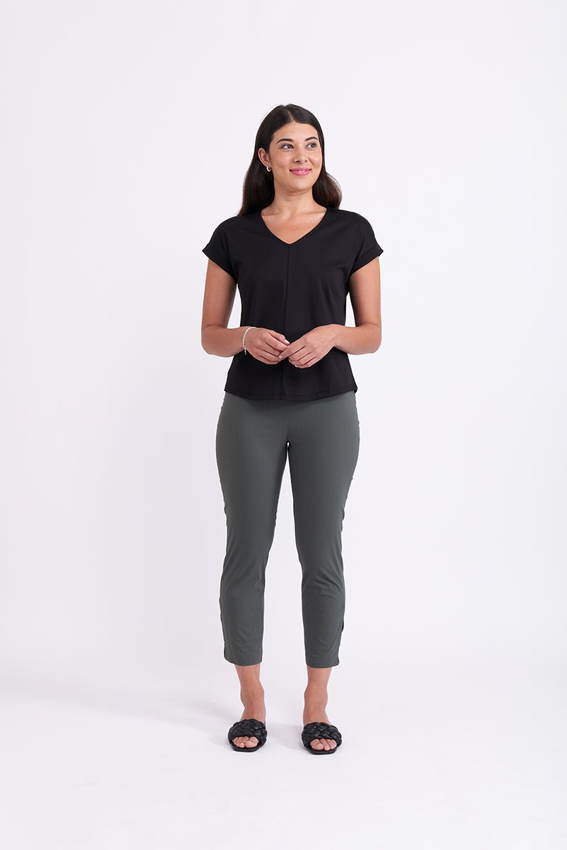 Shop Foil Fuss Free 7/8 Taper Capri Trapeze Pant | Viridian - Foil