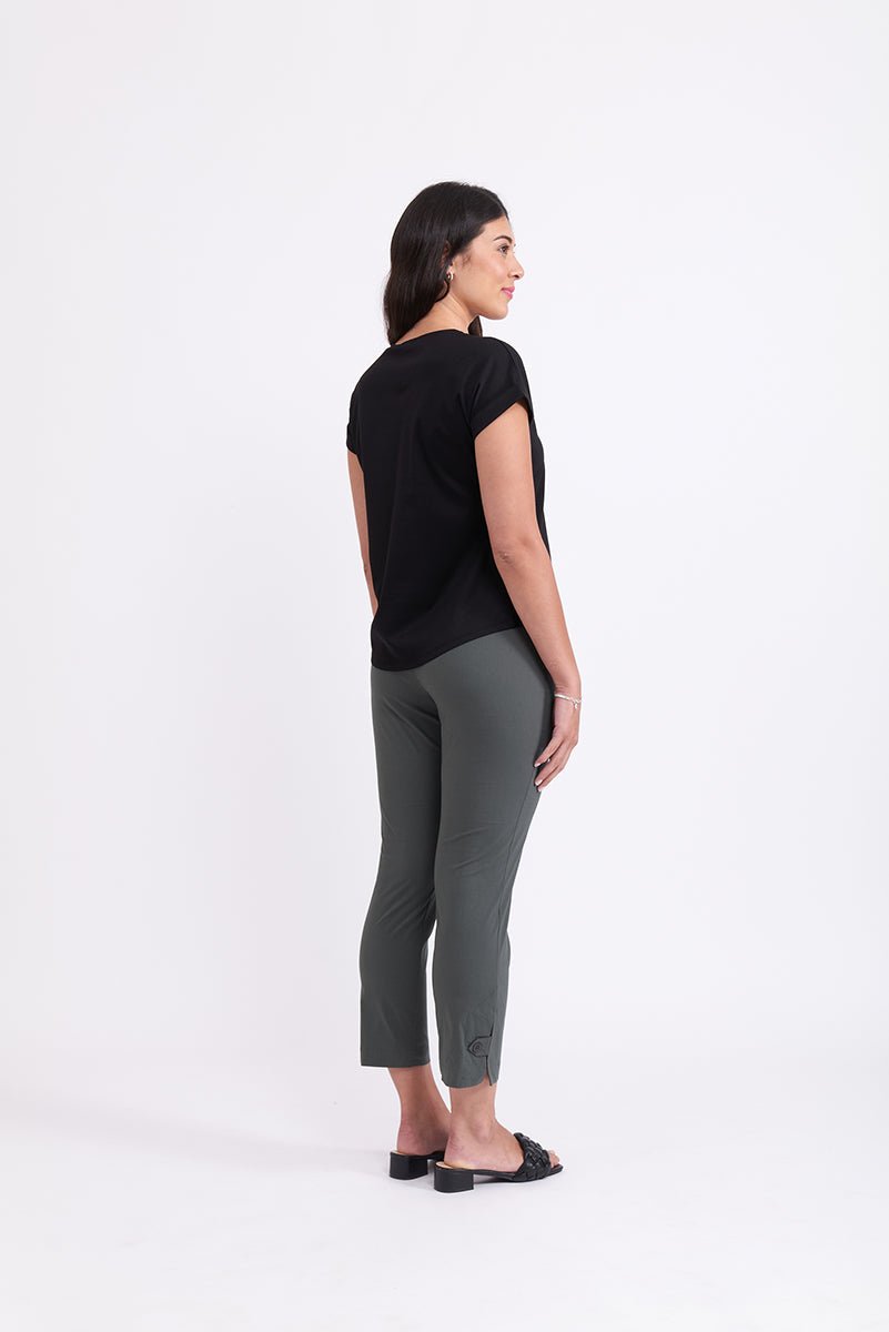 Shop Foil Fuss Free 7/8 Taper Capri Trapeze Pant | Viridian - Foil