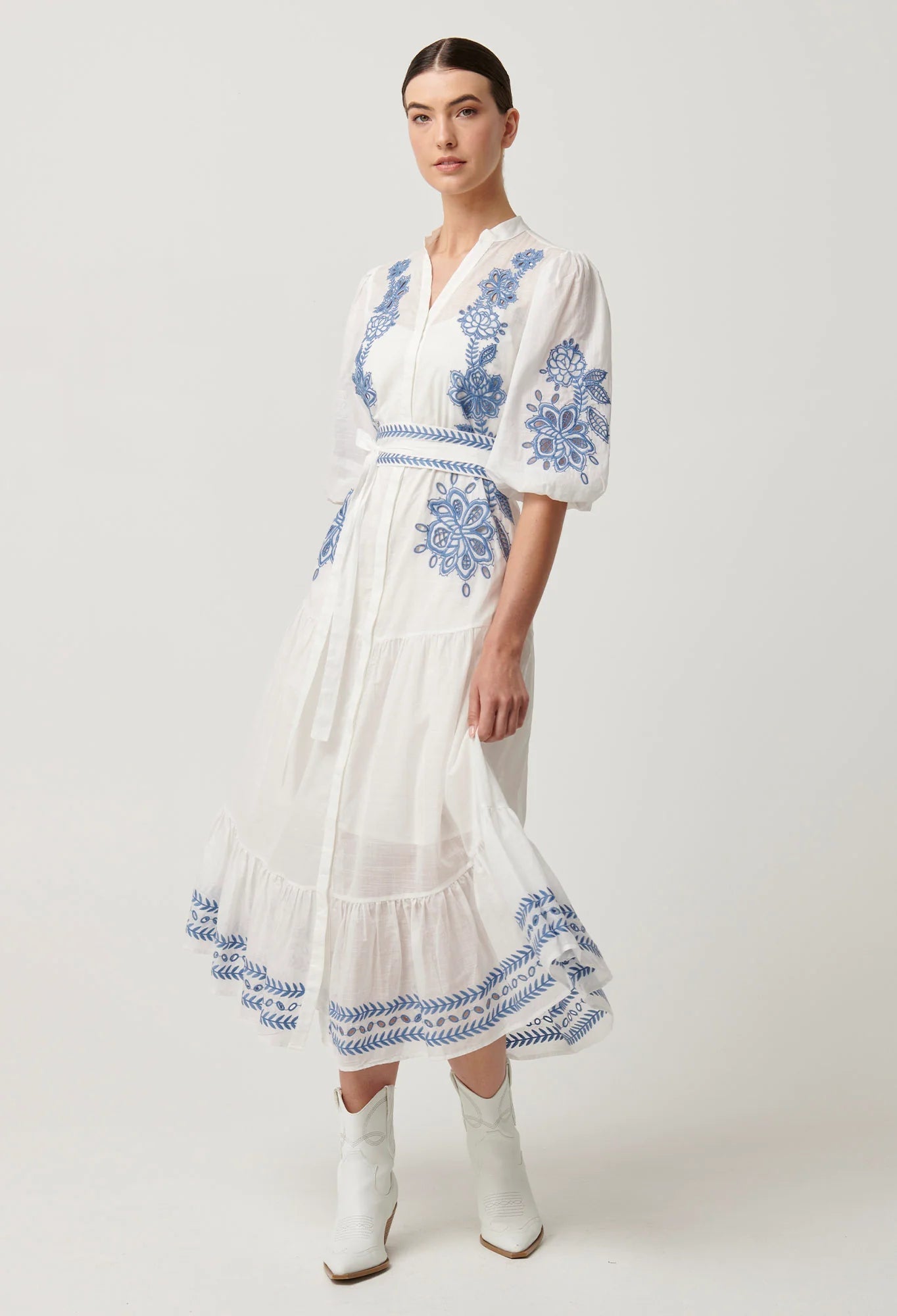 Shop Gabriette Embroidered Cotton Slub Dress in Milk - OnceWas