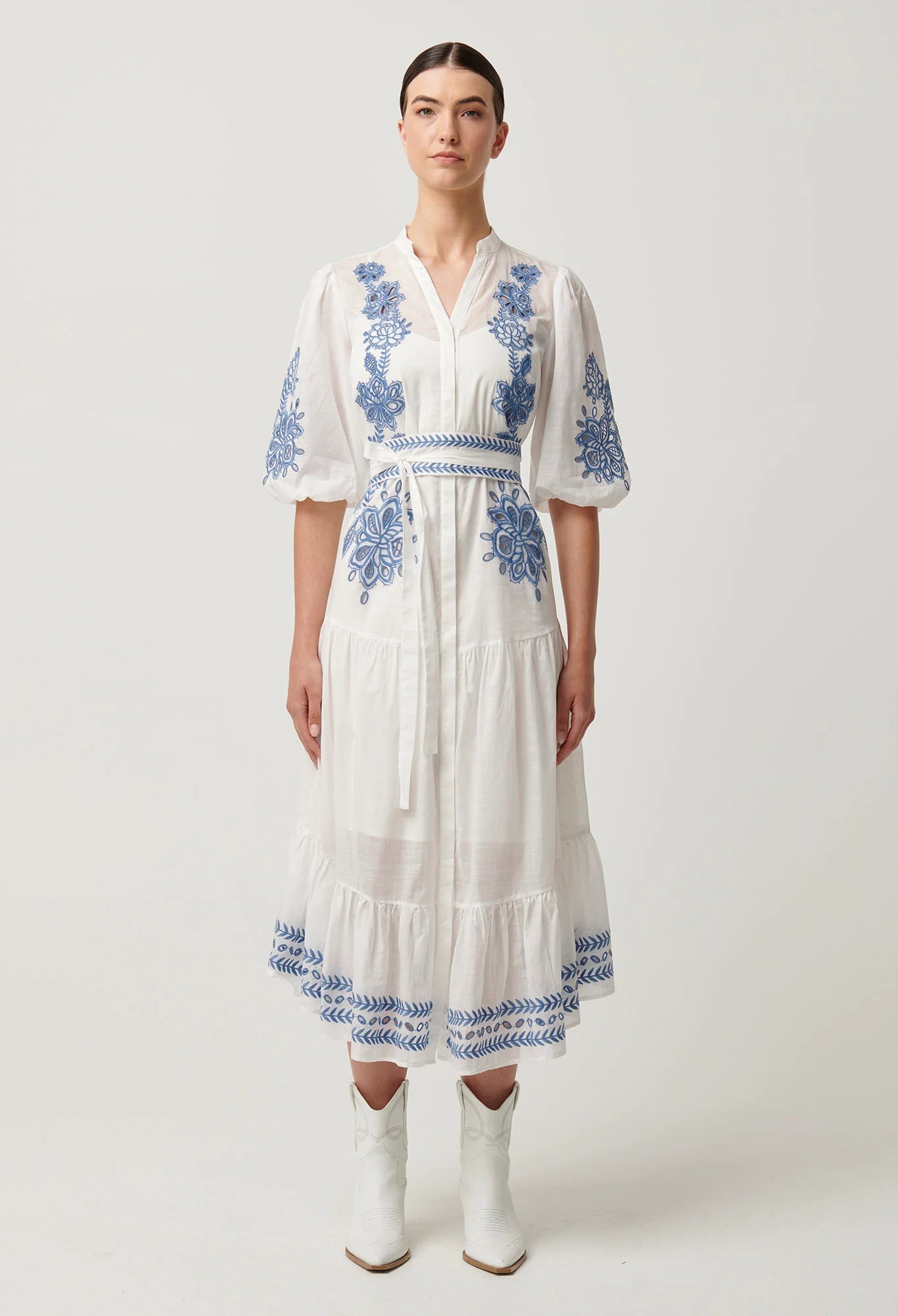 Shop Gabriette Embroidered Cotton Slub Dress in Milk - OnceWas