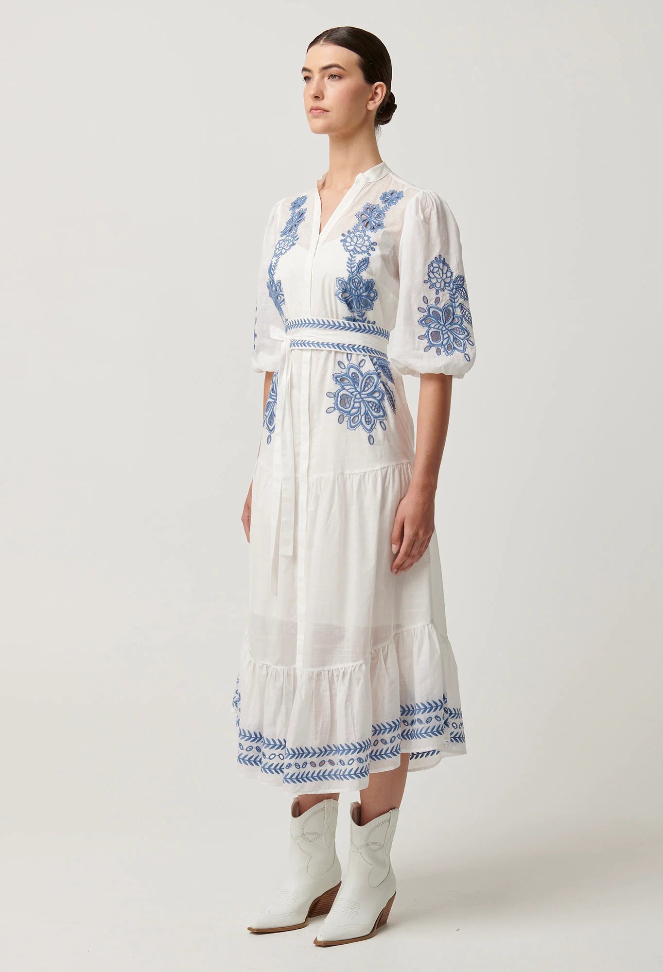 Shop Gabriette Embroidered Cotton Slub Dress in Milk - OnceWas