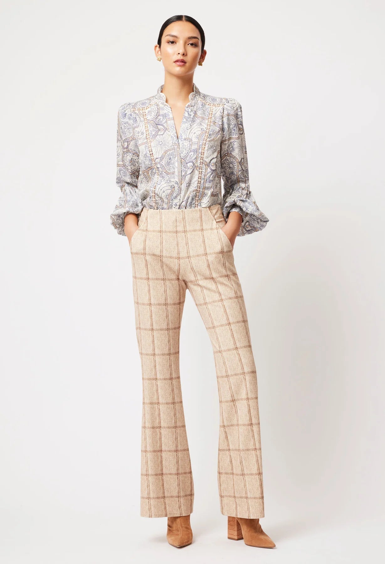 Shop Getty Ponte Flared Pant │ Oatmeal Check - ONCEWAS