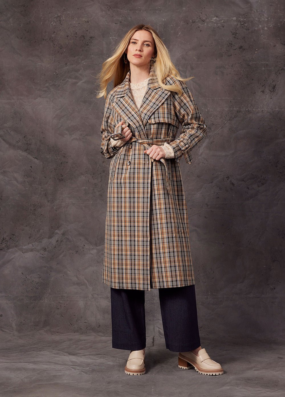 Shop Greta Double Breasted Trench Coat | Blue Plaid - Loobies Story