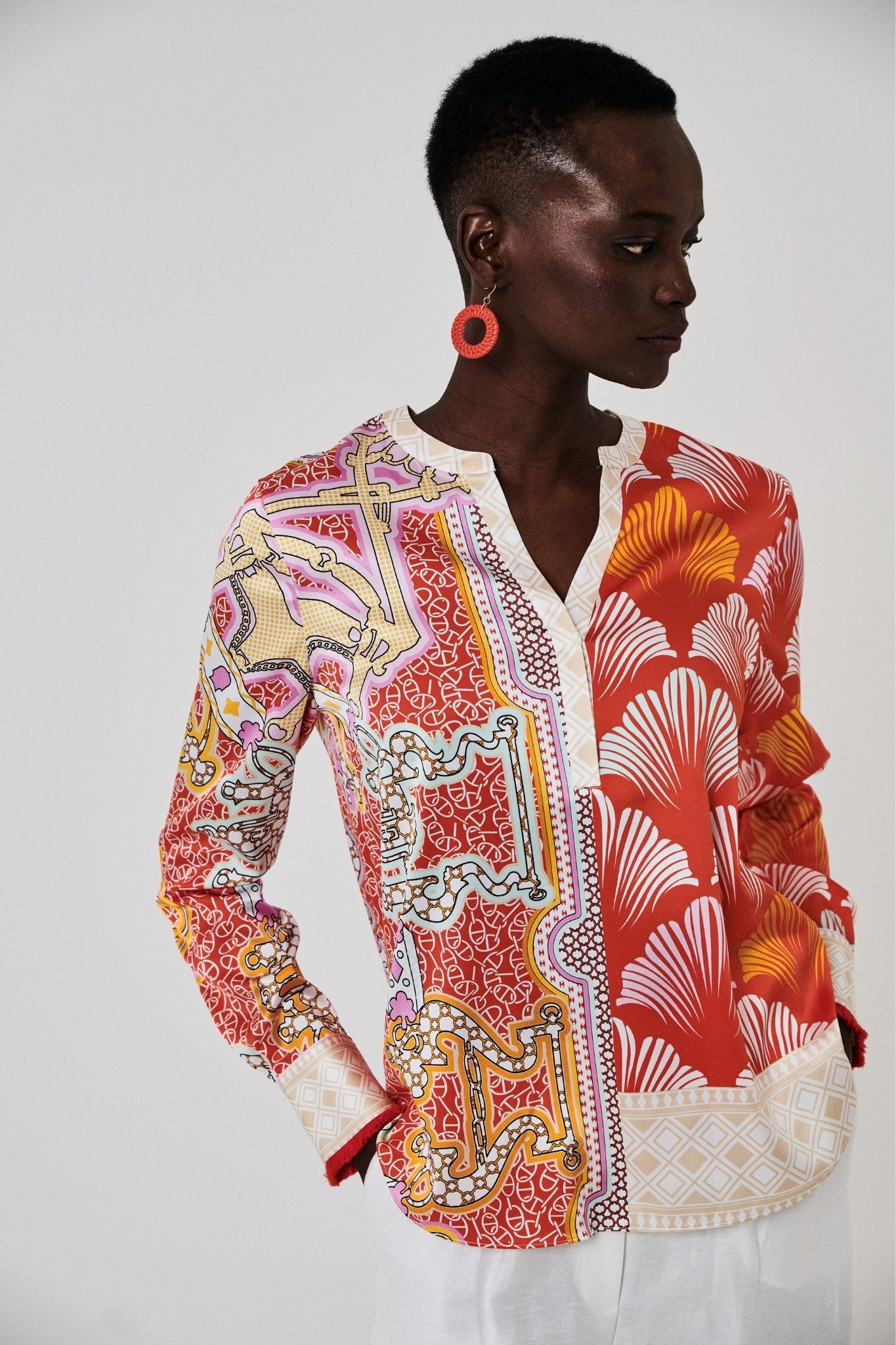 Shop Herzen's Angelegenheit Shiny Silk Blouse in Tomato Multi - Herzen's Angelegenheit