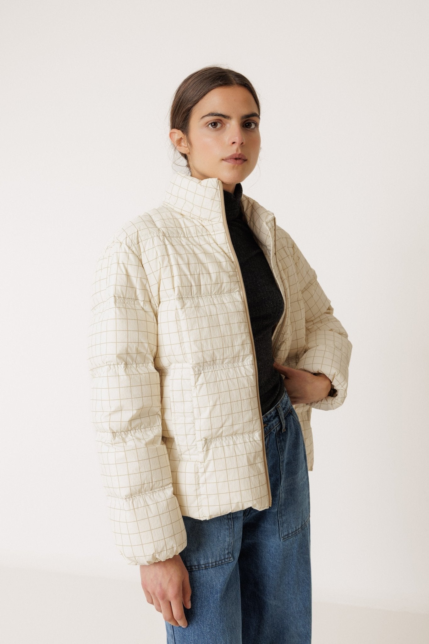 Shop Indi & Cold Cropped Checked Puffer Jacket - Indi & Cold