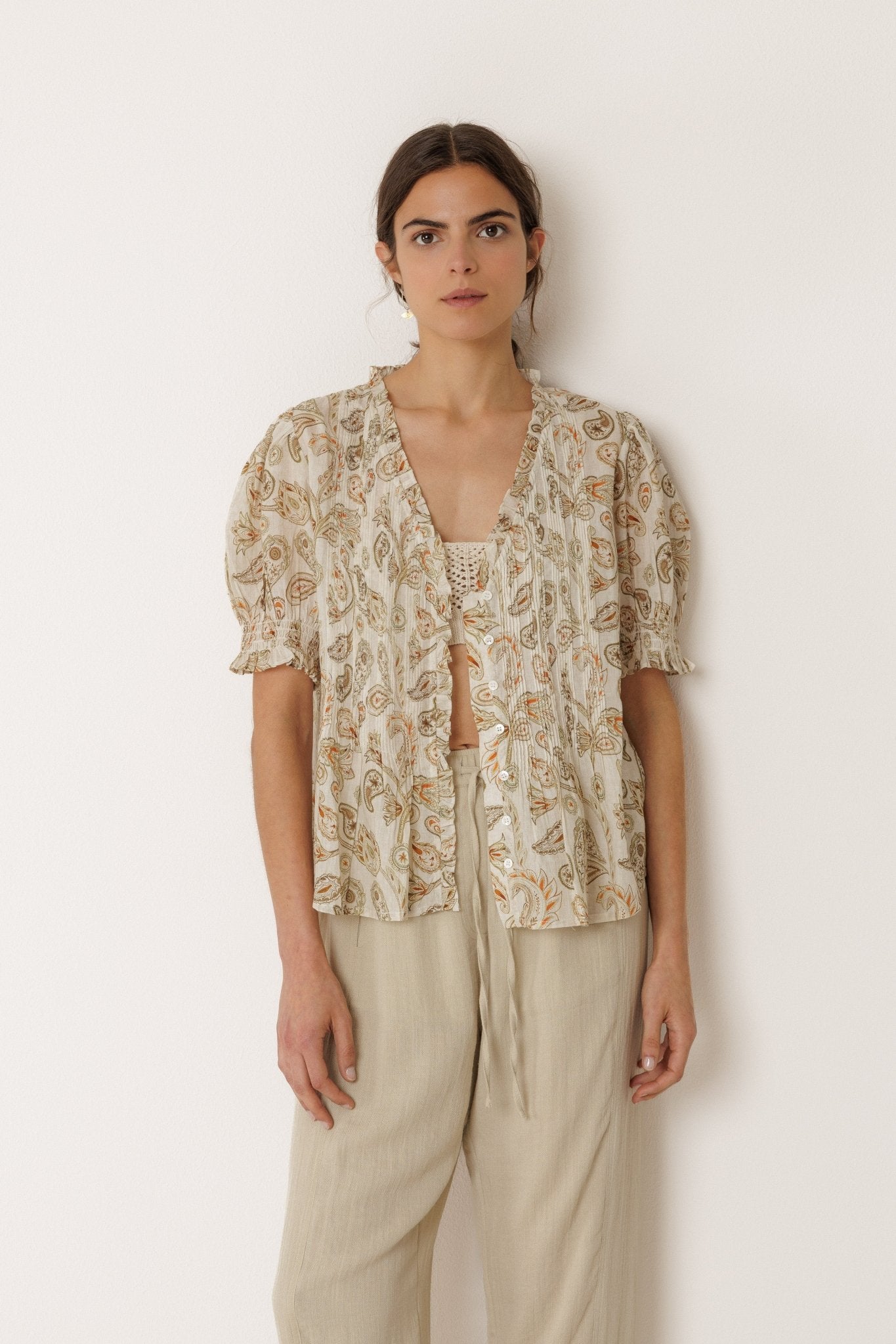 Shop Indi & Cold Micro Ruffle Shirt Khaki - Indi & Cold
