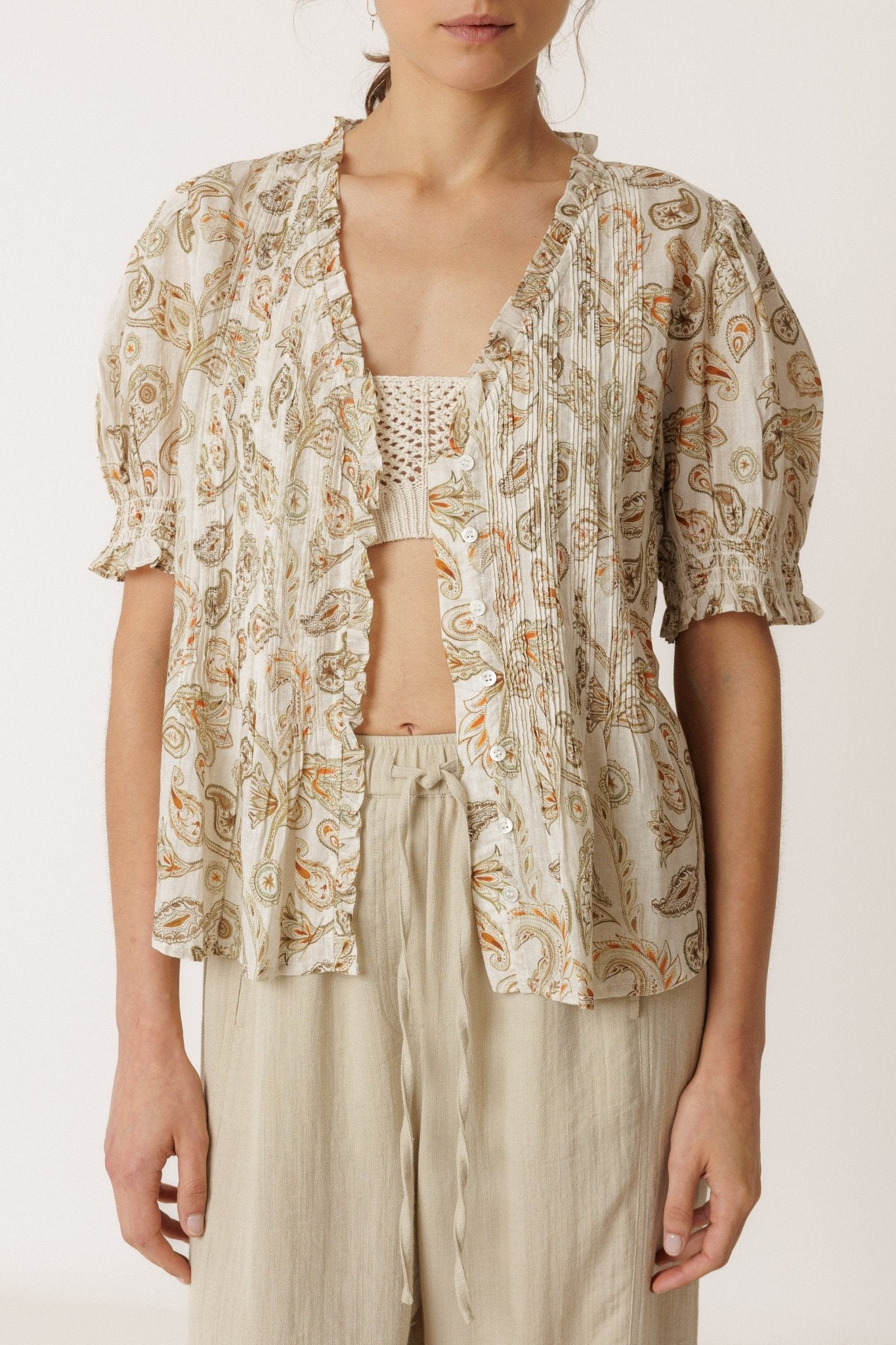 Shop Indi & Cold Micro Ruffle Shirt Khaki - Indi & Cold