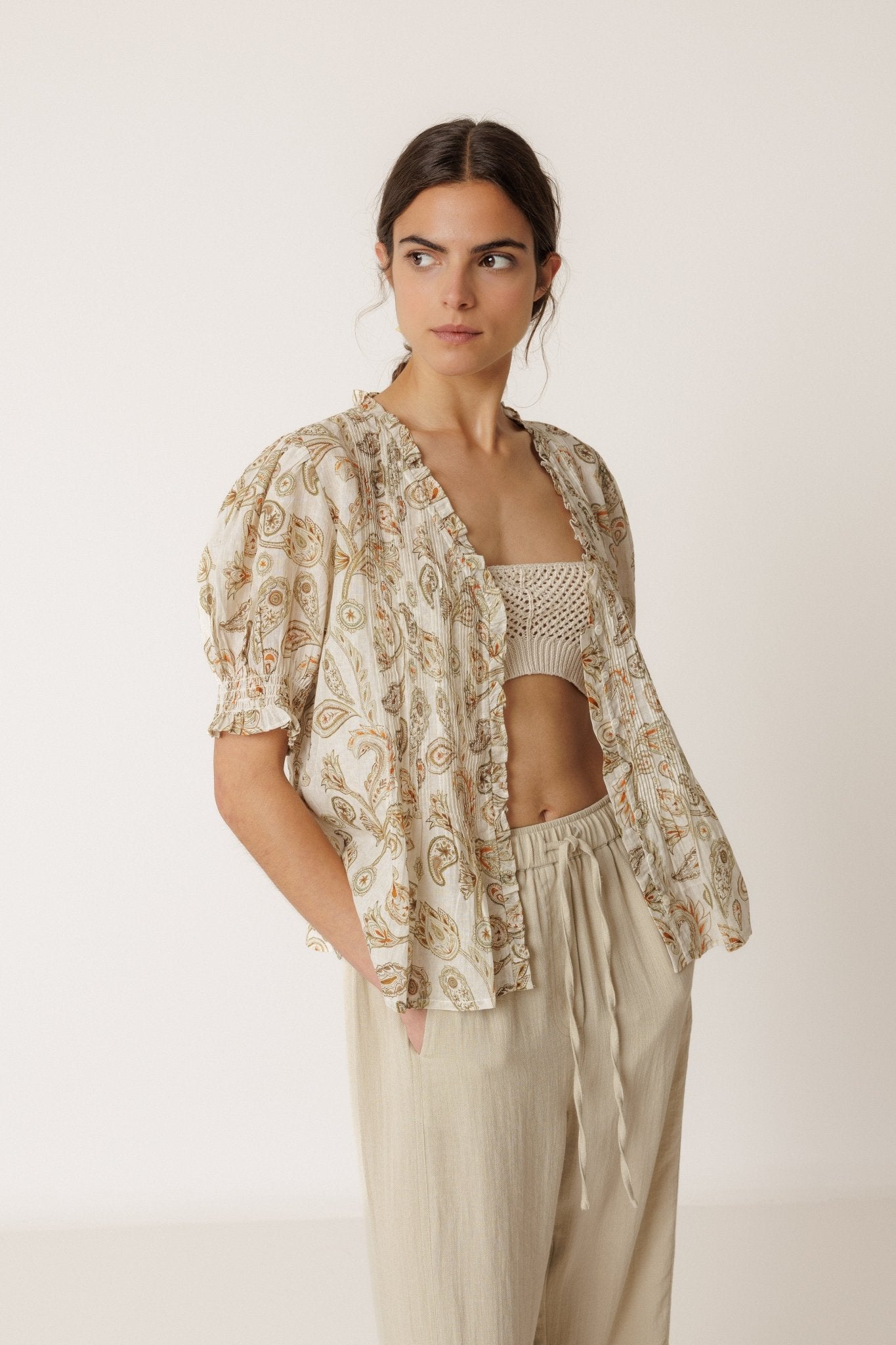 Shop Indi & Cold Micro Ruffle Shirt Khaki - Indi & Cold