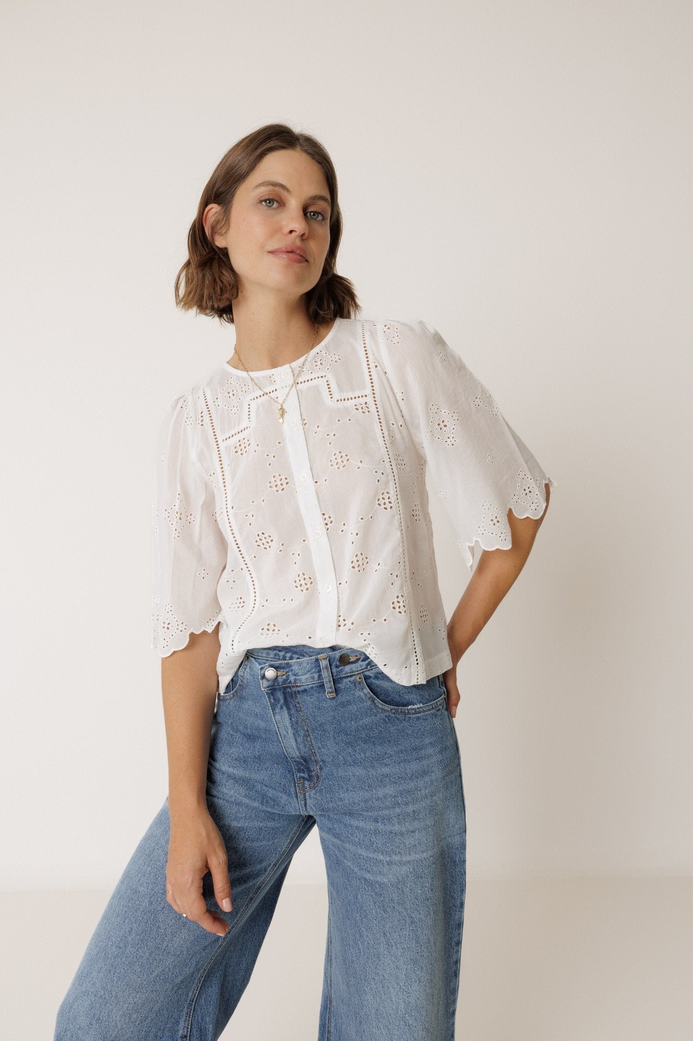 Shop Indi & Cold Schiffli Embroidered Boxy Shirt - Indi & Cold