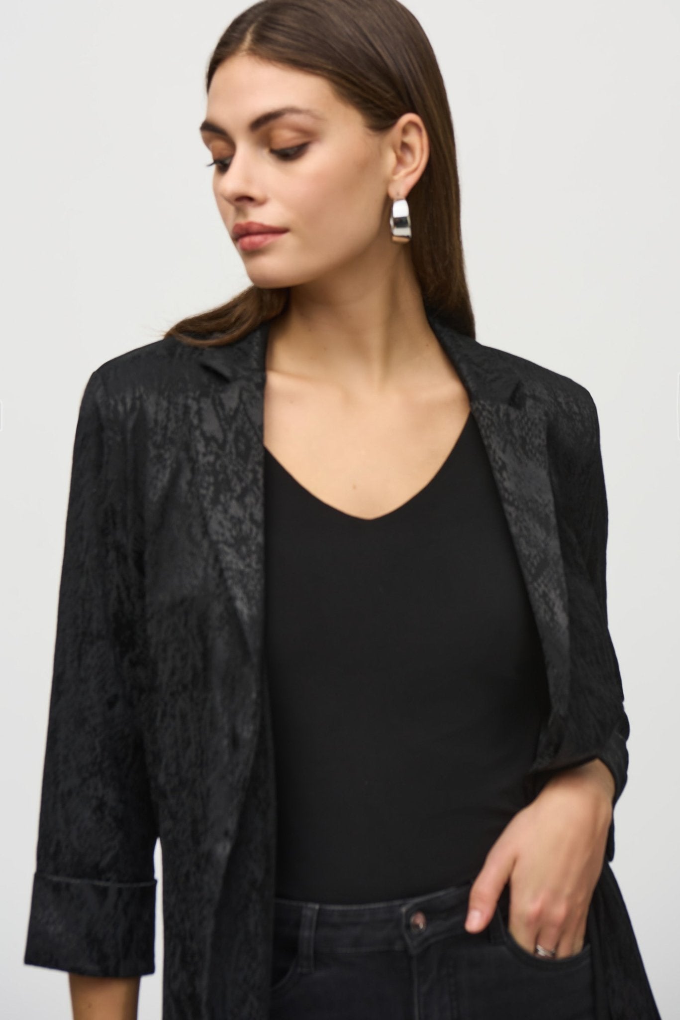 Shop Jacquard Long Blazer Style 244248 | Black Animal Print - Joseph Ribkoff