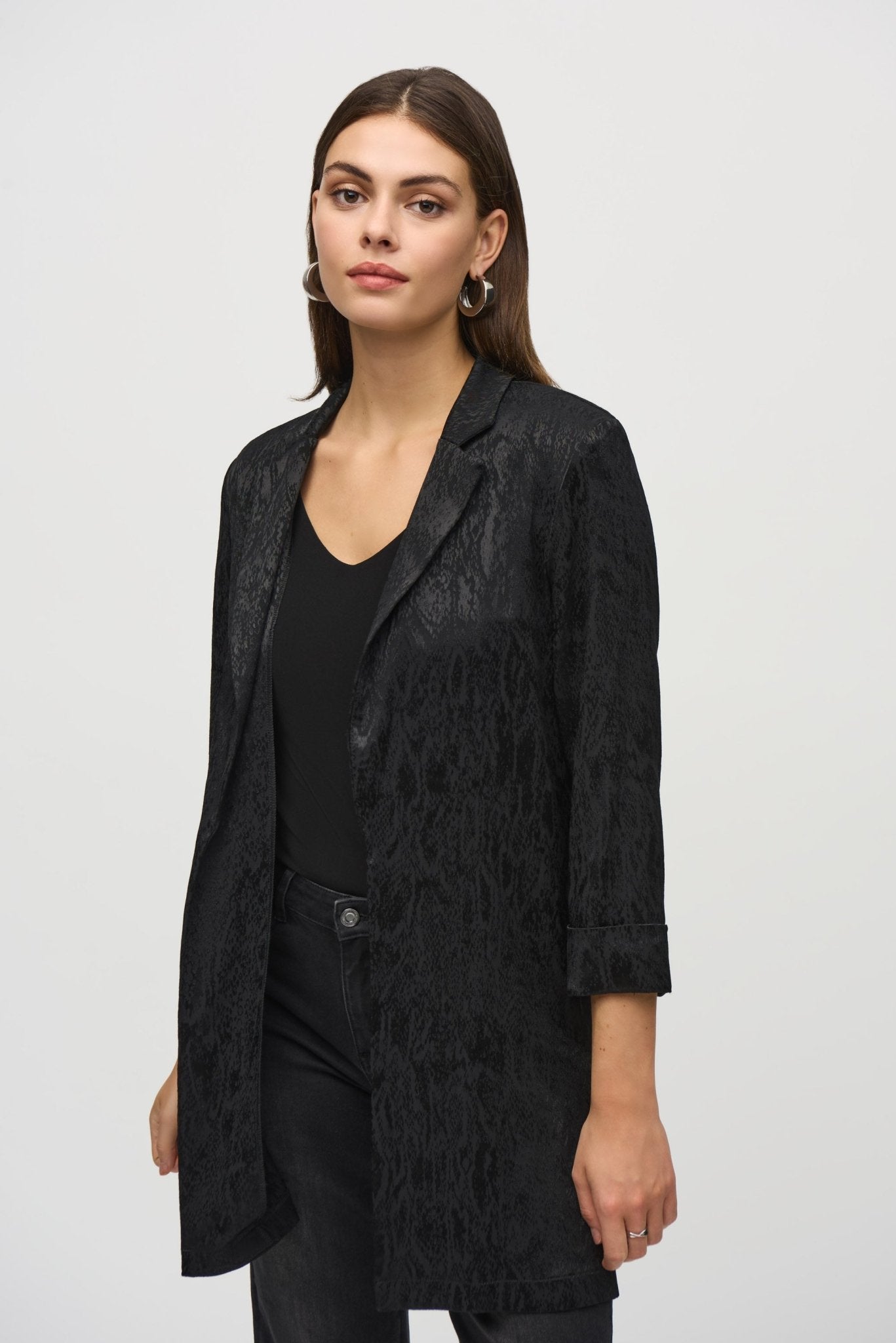 Shop Jacquard Long Blazer Style 244248 | Black Animal Print - Joseph Ribkoff