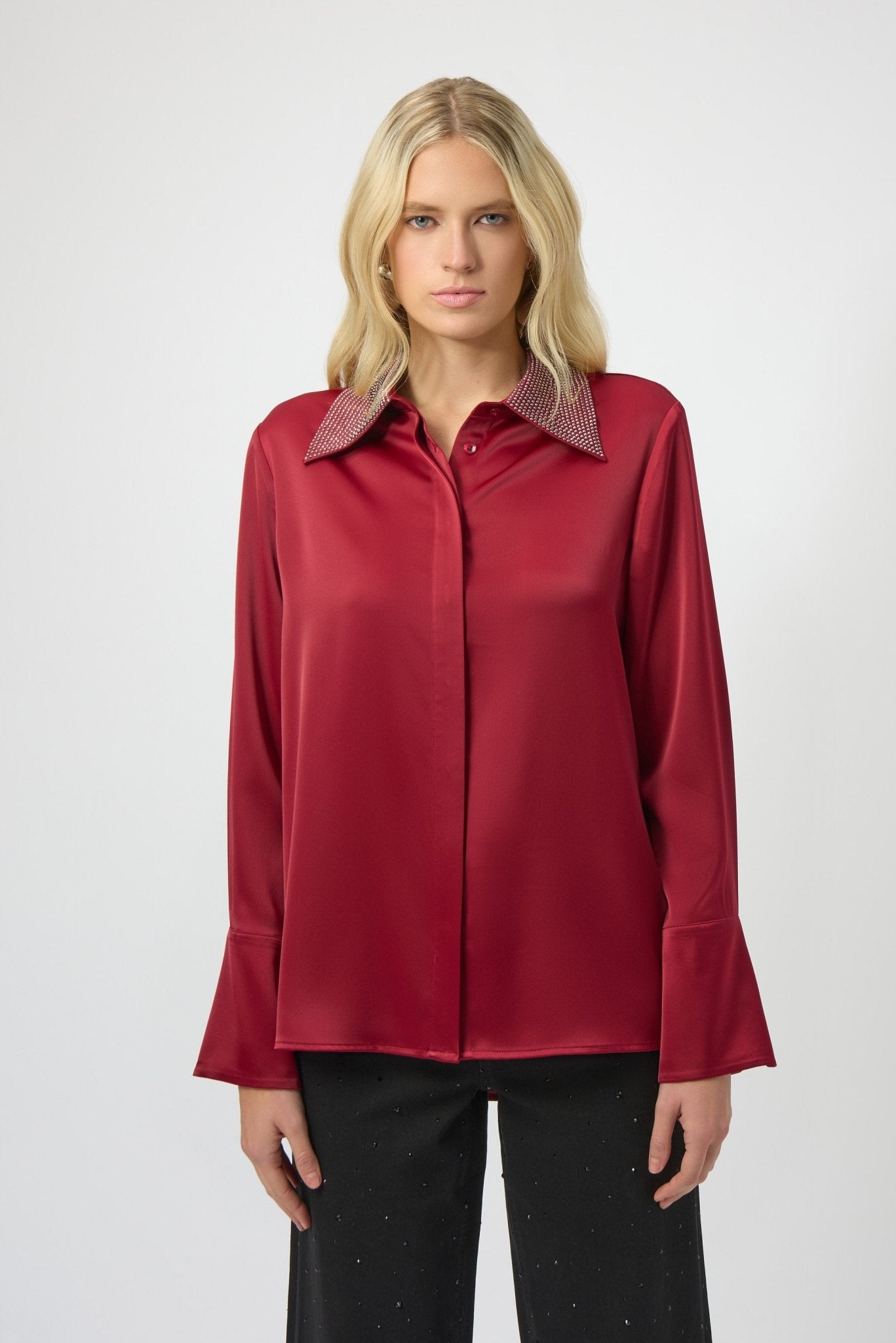 Shop Josepeh Ribkoff Satin Button - Front Blouse with Embellished Collar - Joseph Ribkoff