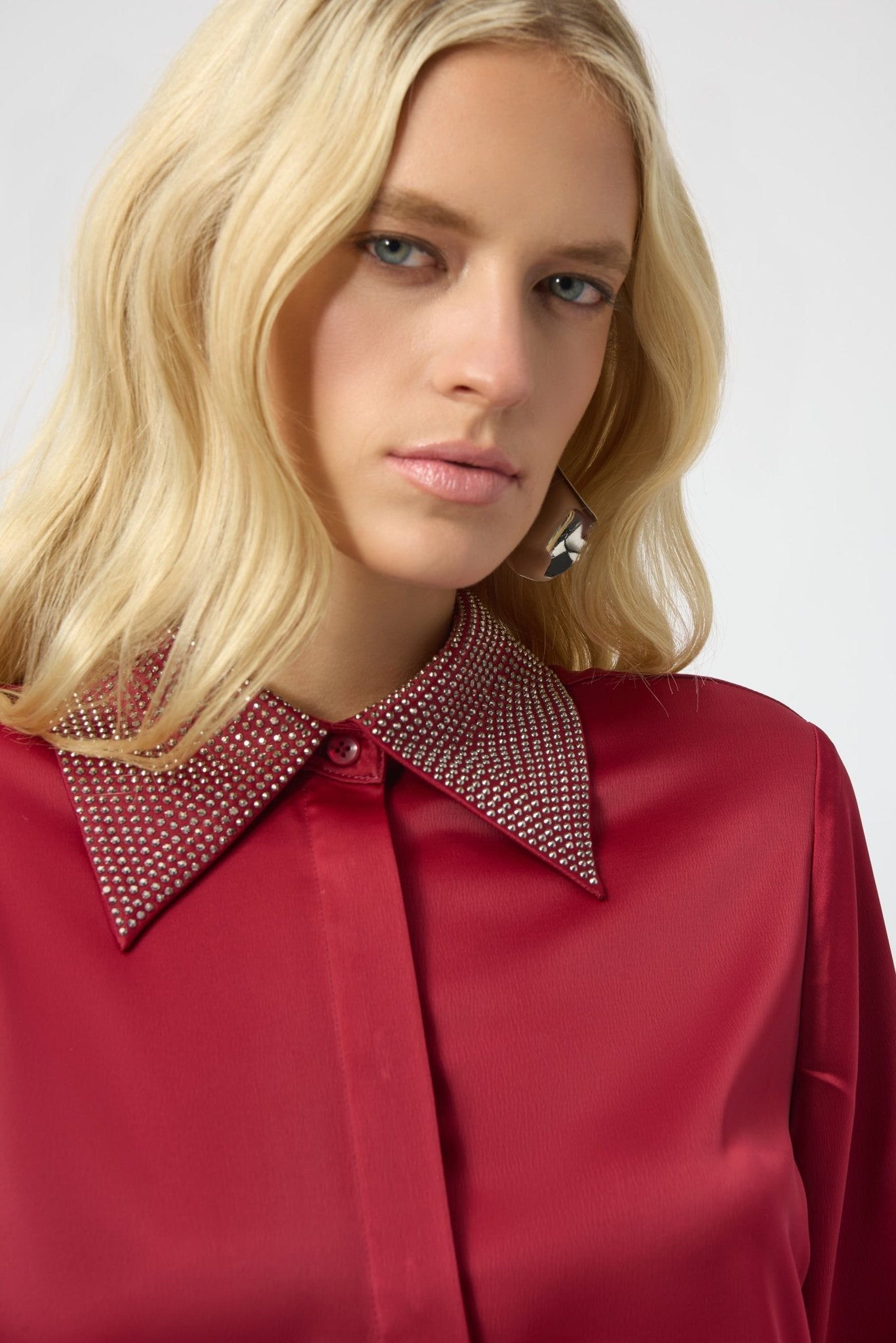 Shop Josepeh Ribkoff Satin Button - Front Blouse with Embellished Collar - Joseph Ribkoff