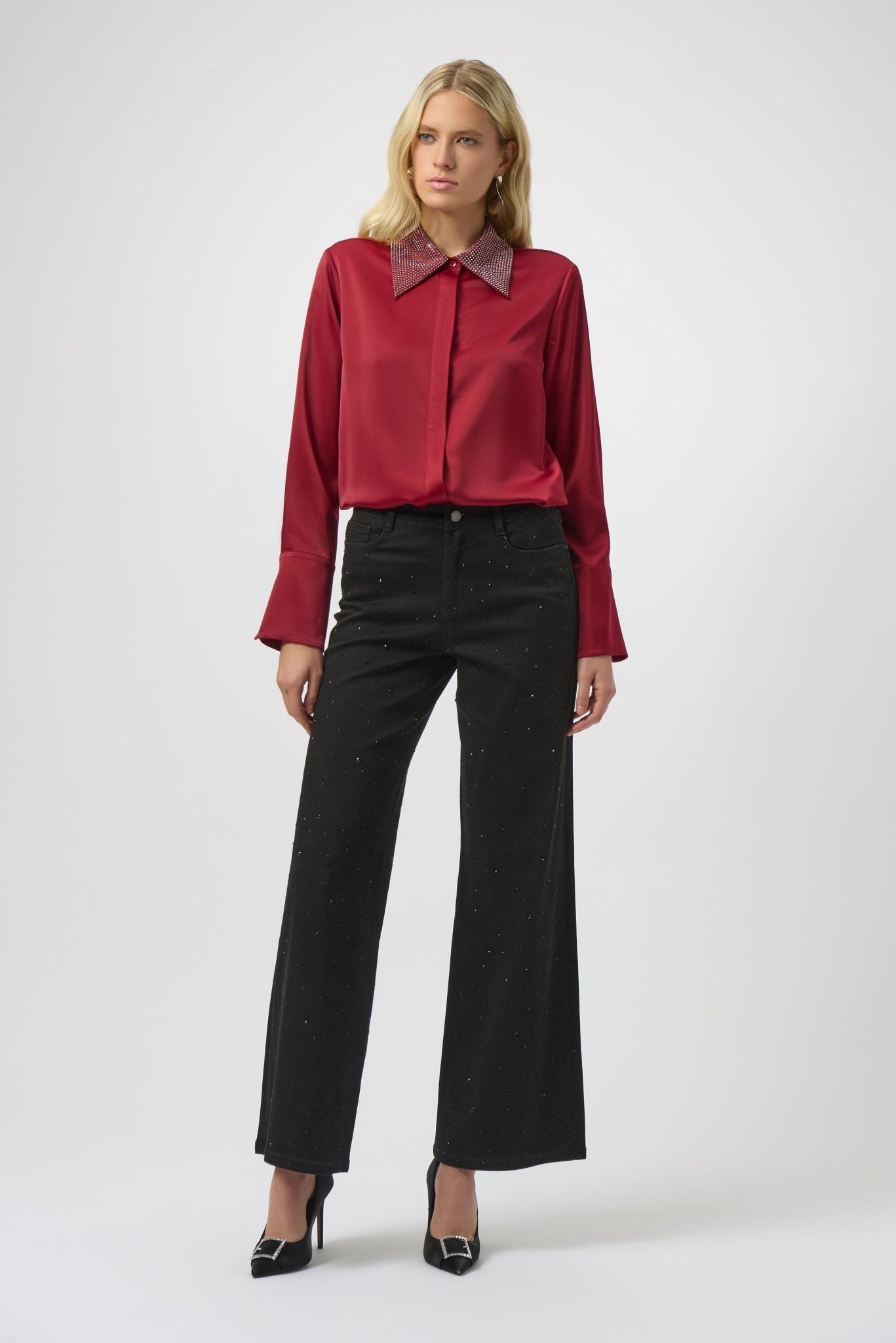 Shop Josepeh Ribkoff Satin Button - Front Blouse with Embellished Collar - Joseph Ribkoff