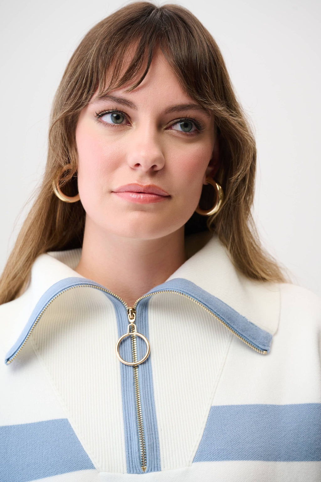 Shop Joseph Ribkoff Brushed Viscose Stripe Print Boxy Sweater with Zipped Collar 261983 - Joseph Ribkoff