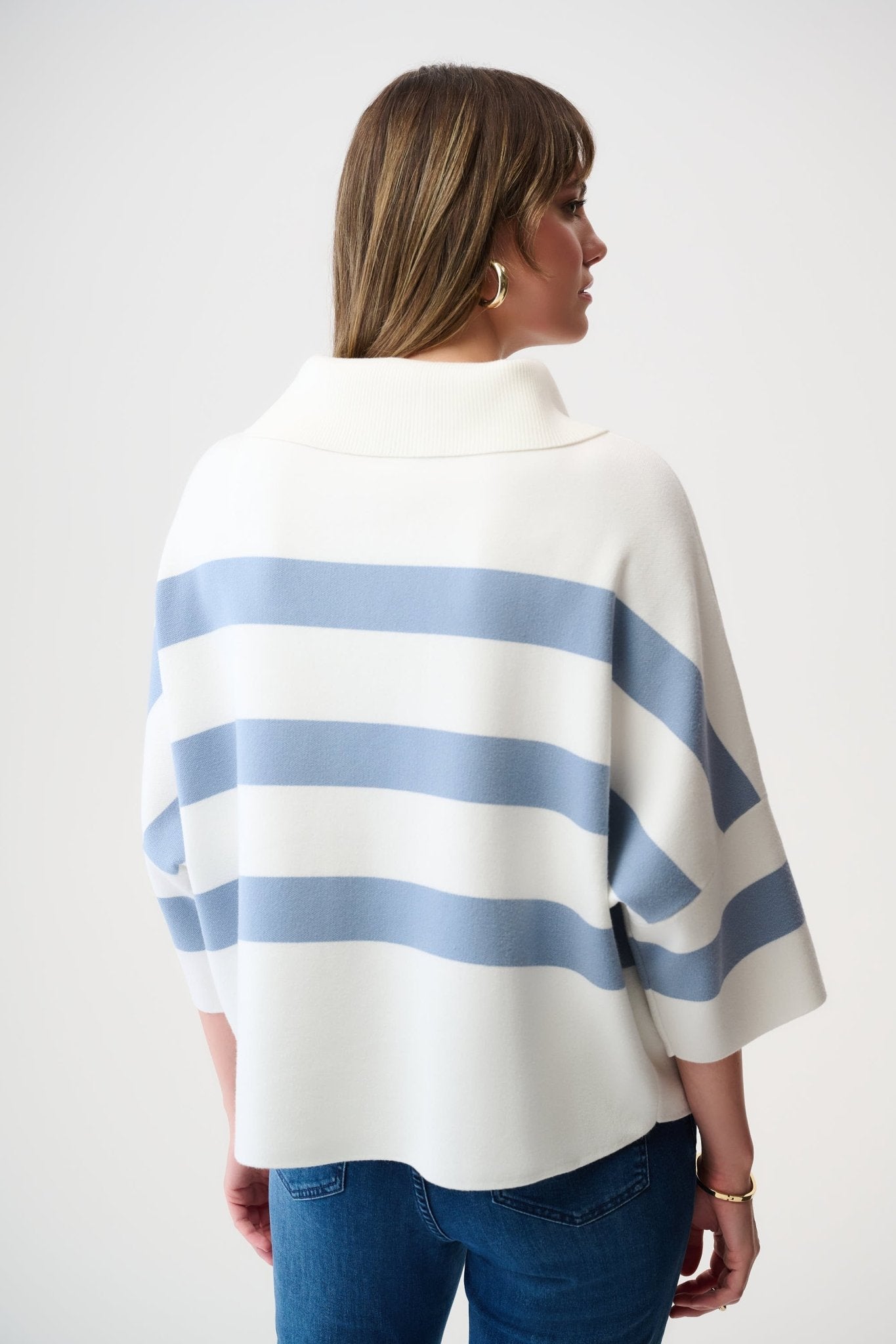 Shop Joseph Ribkoff Brushed Viscose Stripe Print Boxy Sweater with Zipped Collar 261983 - Joseph Ribkoff