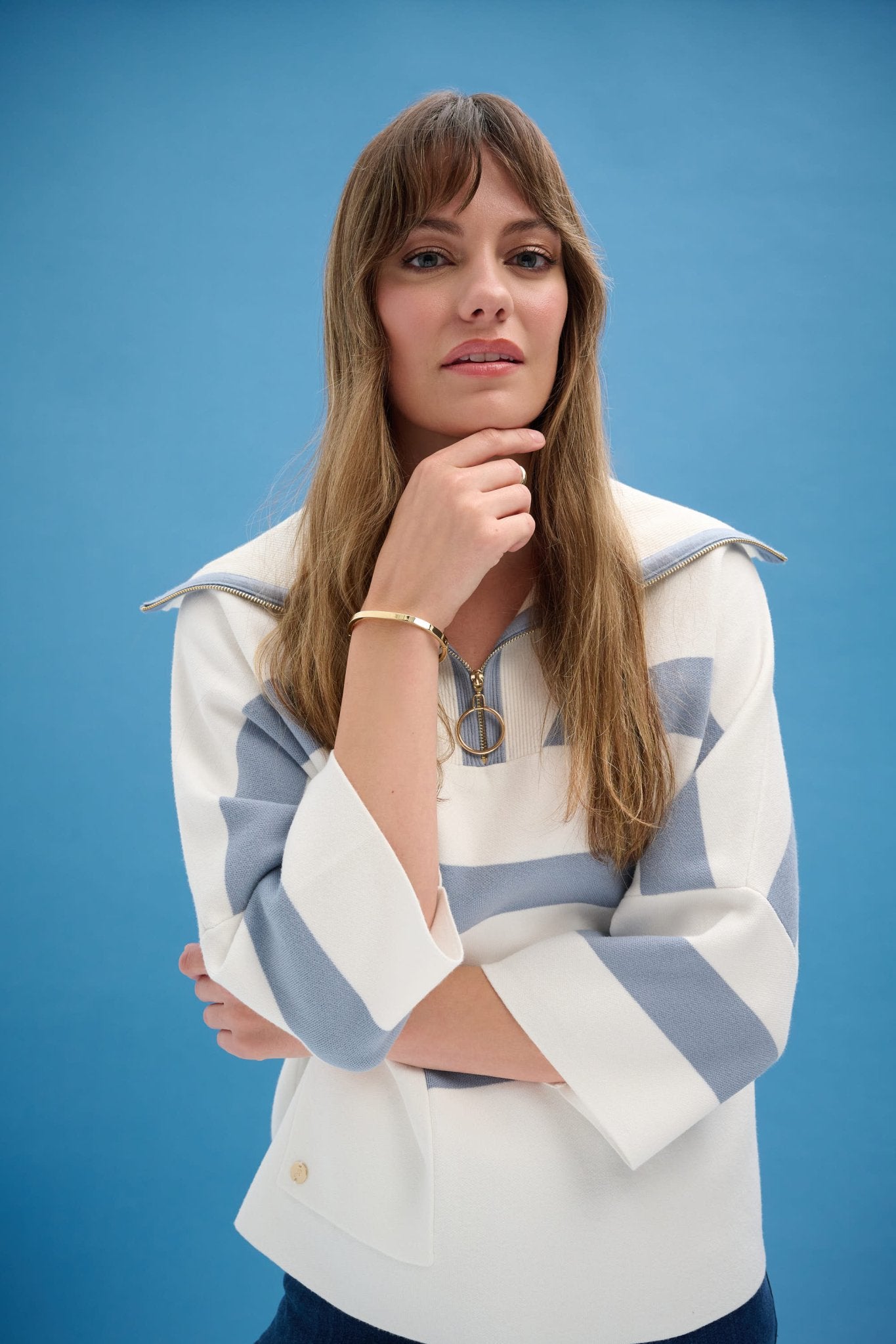 Shop Joseph Ribkoff Brushed Viscose Stripe Print Boxy Sweater with Zipped Collar 261983 - Joseph Ribkoff