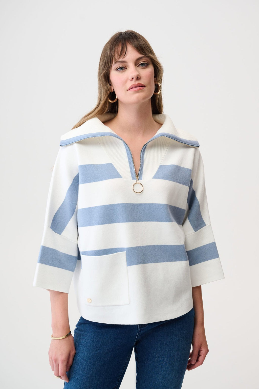 Shop Joseph Ribkoff Brushed Viscose Stripe Print Boxy Sweater with Zipped Collar 261983 - Joseph Ribkoff