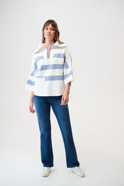Shop Joseph Ribkoff Brushed Viscose Stripe Print Boxy Sweater with Zipped Collar 261983 - Joseph Ribkoff