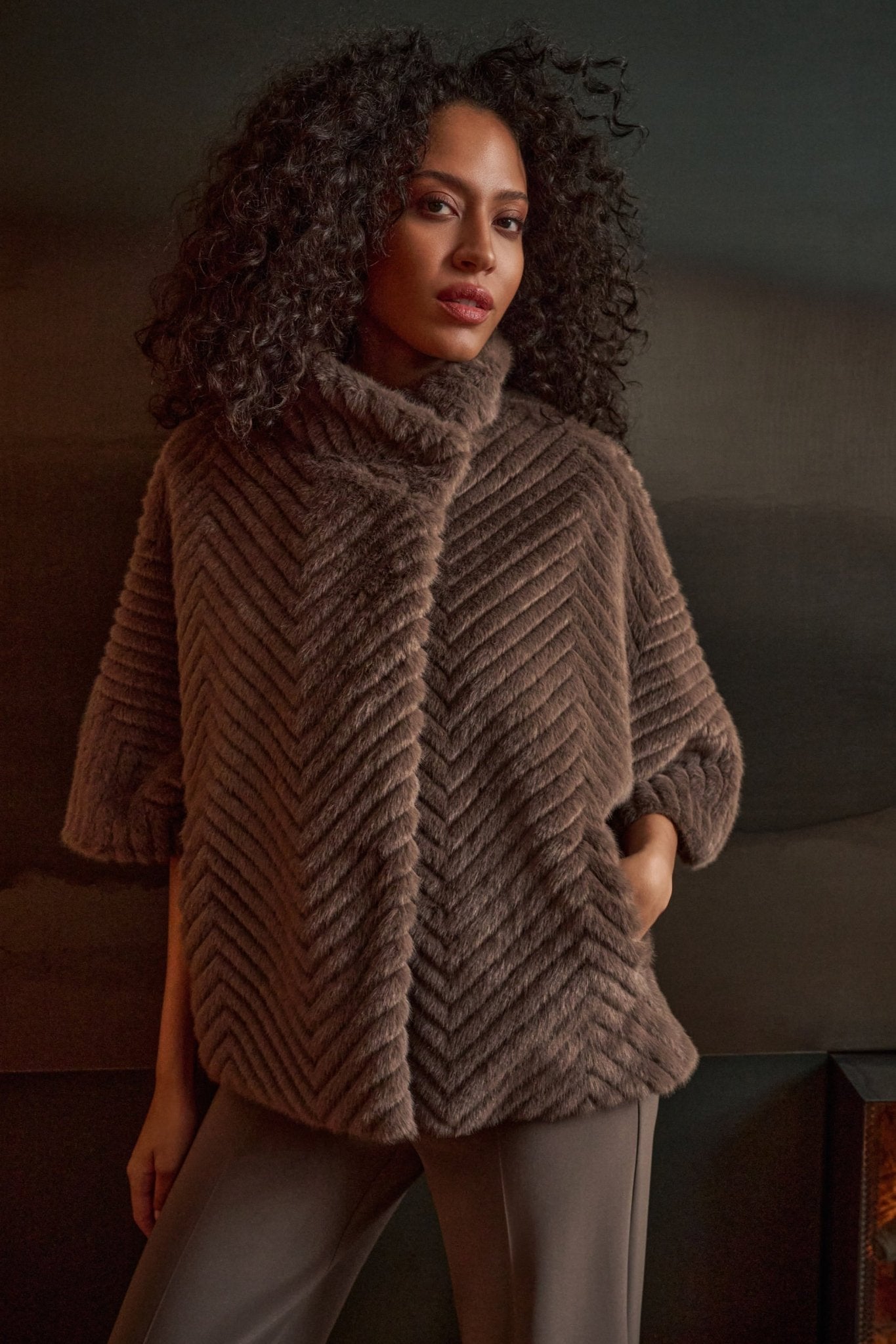 Shop Joseph Ribkoff Chevron Faux Fur Cape - Style Jacket - Joseph Ribkoff