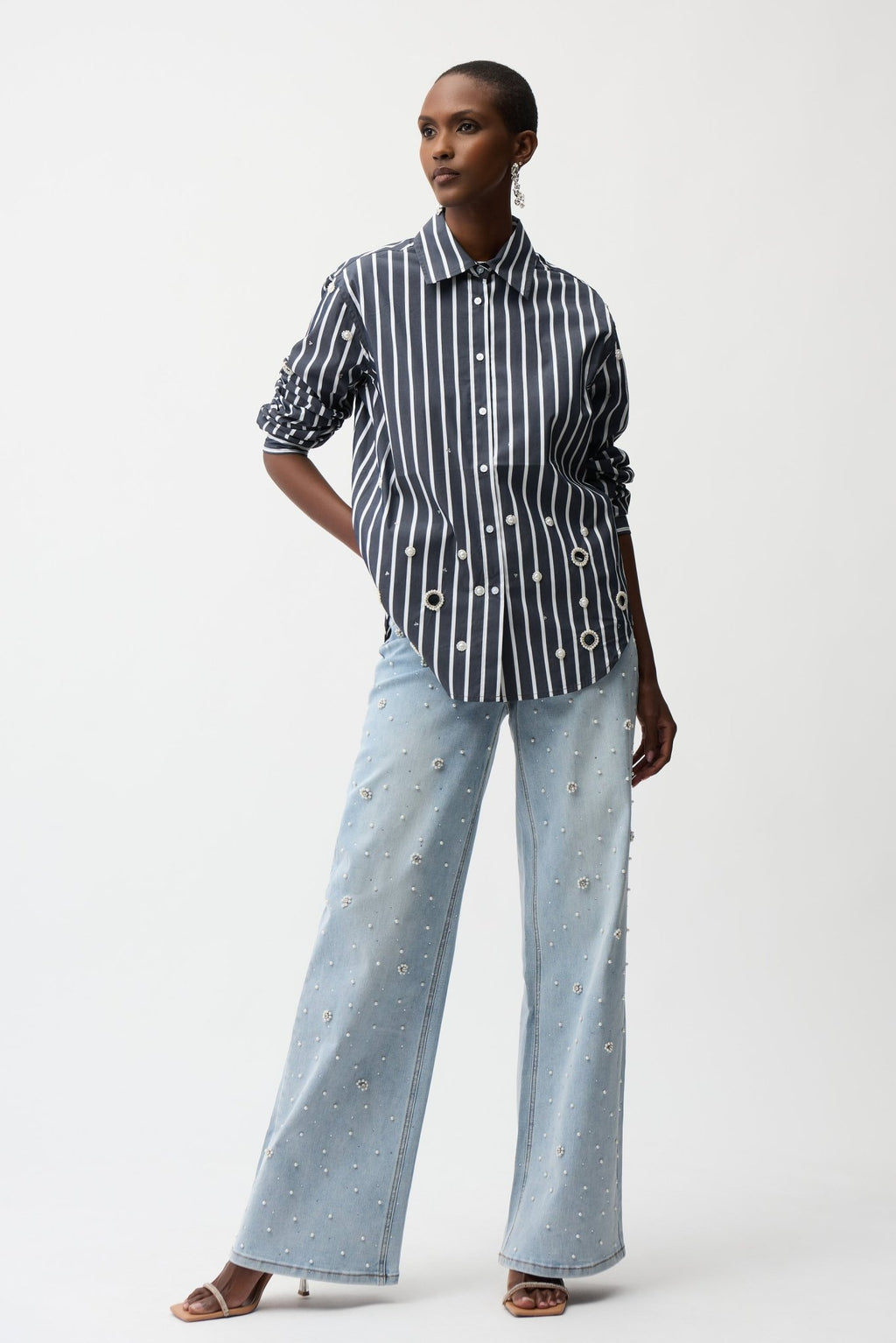 Shop Joseph Ribkoff Cotton Stripe Blouse With Rhinestones - Joseph Ribkoff