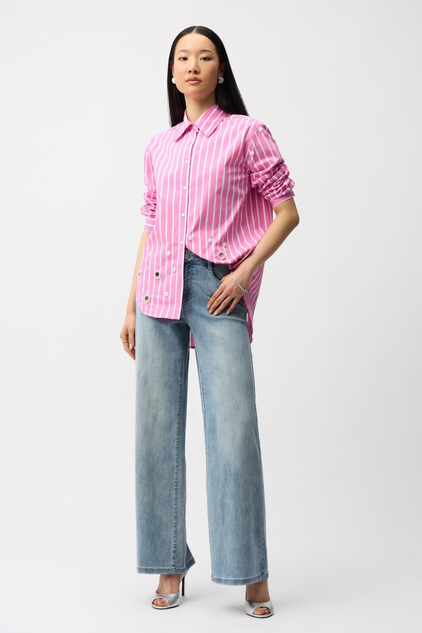 Shop Joseph Ribkoff Cotton Stripe Blouse With Rhinestones - Joseph Ribkoff