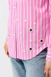 Shop Joseph Ribkoff Cotton Stripe Blouse With Rhinestones - Joseph Ribkoff