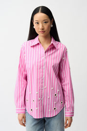 Shop Joseph Ribkoff Cotton Stripe Blouse With Rhinestones - Joseph Ribkoff