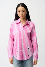 Shop Joseph Ribkoff Cotton Stripe Blouse With Rhinestones - Joseph Ribkoff