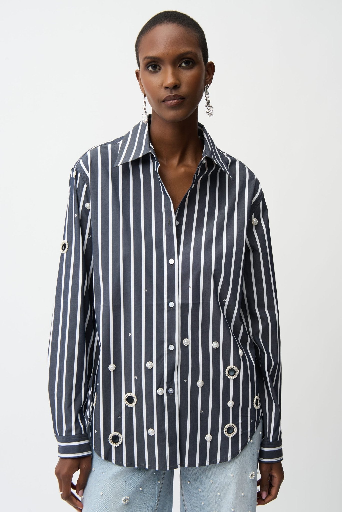 Shop Joseph Ribkoff Cotton Stripe Blouse With Rhinestones - Joseph Ribkoff