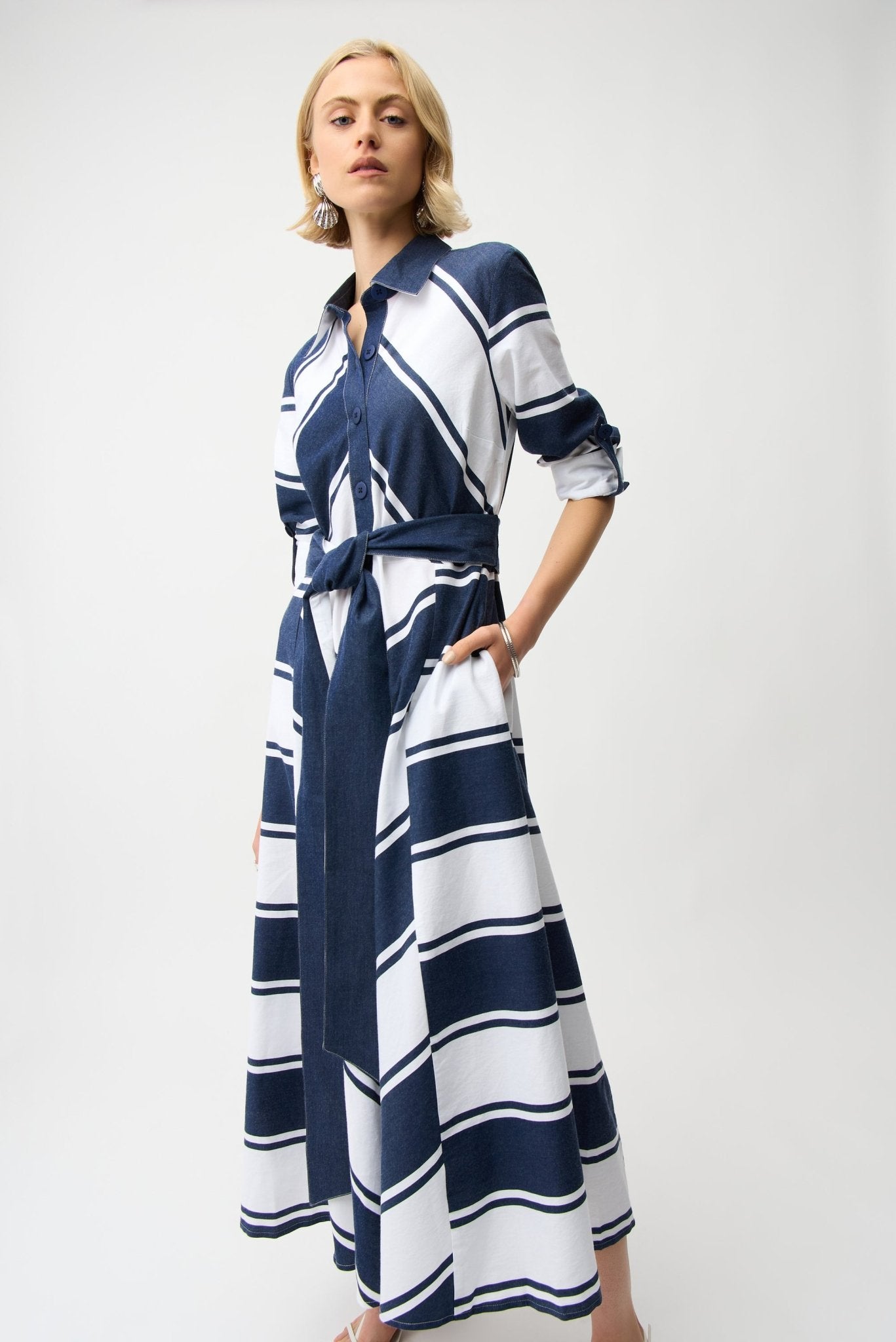 Shop Joseph Ribkoff Cotton Stripe Fit and Flare Shirt Dress - Joseph Ribkoff