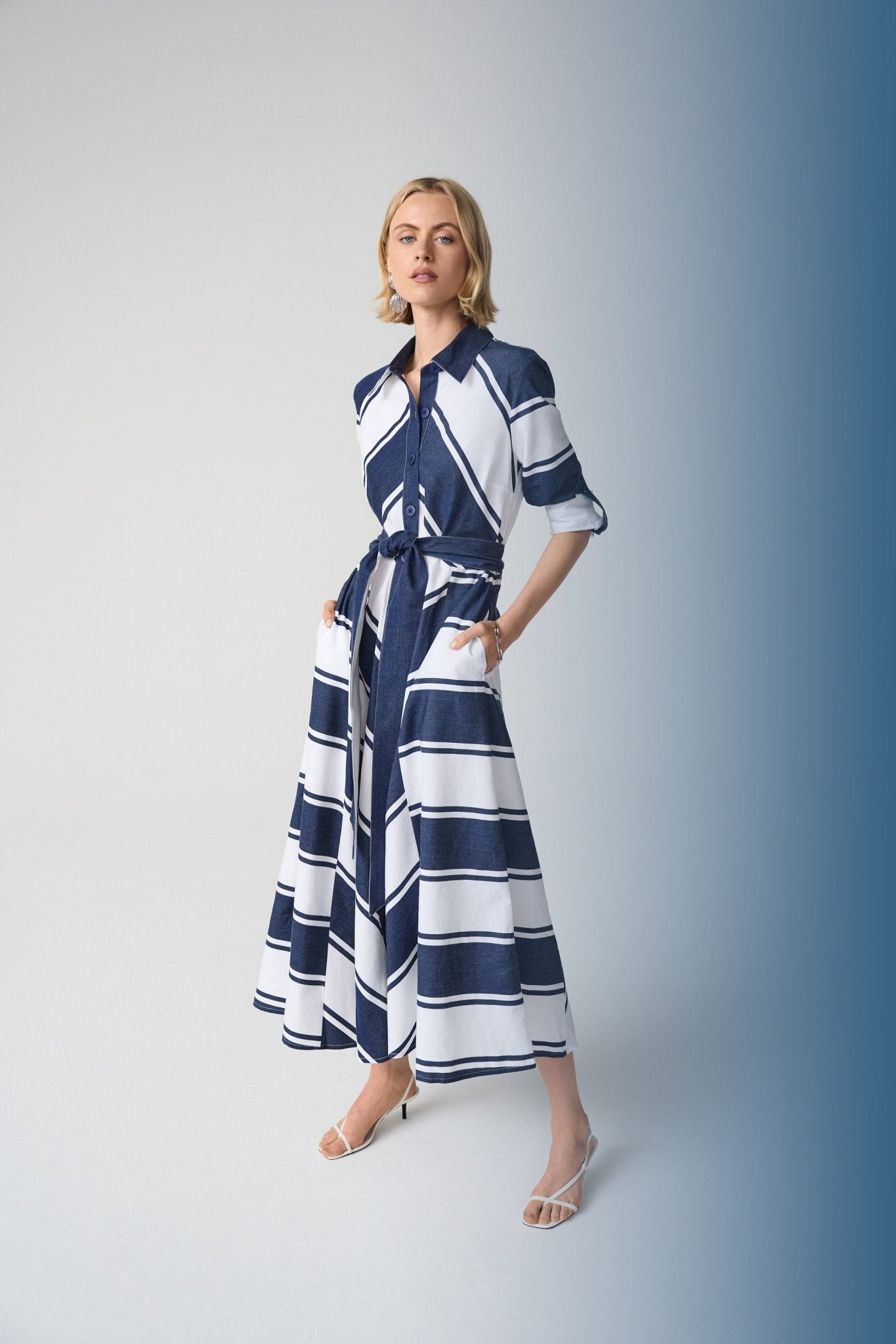 Shop Joseph Ribkoff Cotton Stripe Fit and Flare Shirt Dress - Joseph Ribkoff