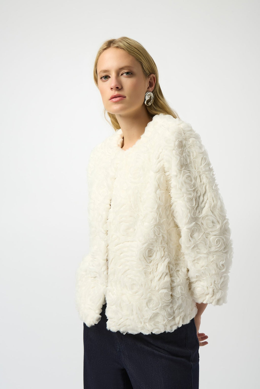 Shop Joseph Ribkoff Embroidered Faux Fur Collarless Jacket - Joseph Ribkoff