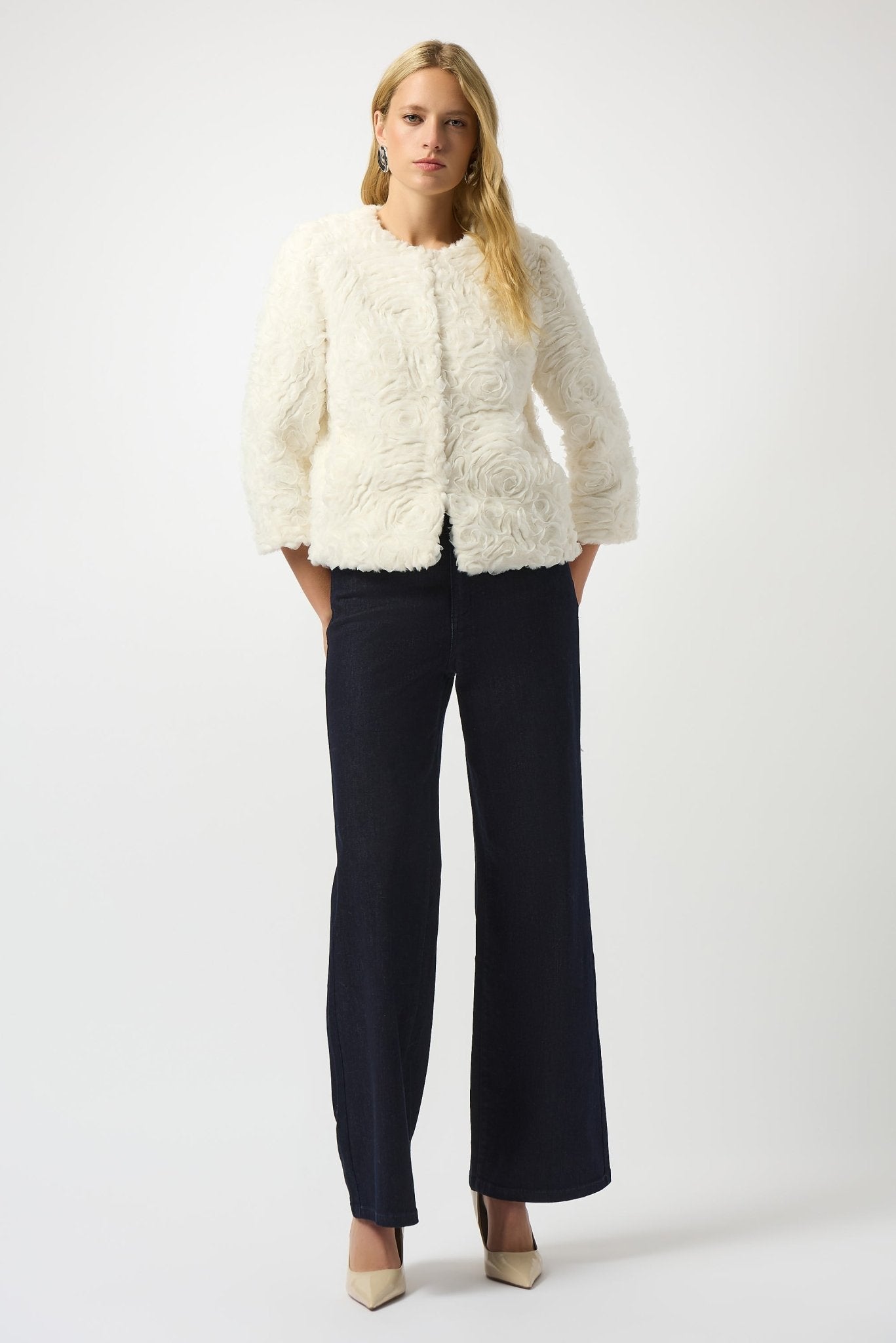 Shop Joseph Ribkoff Embroidered Faux Fur Collarless Jacket - Joseph Ribkoff