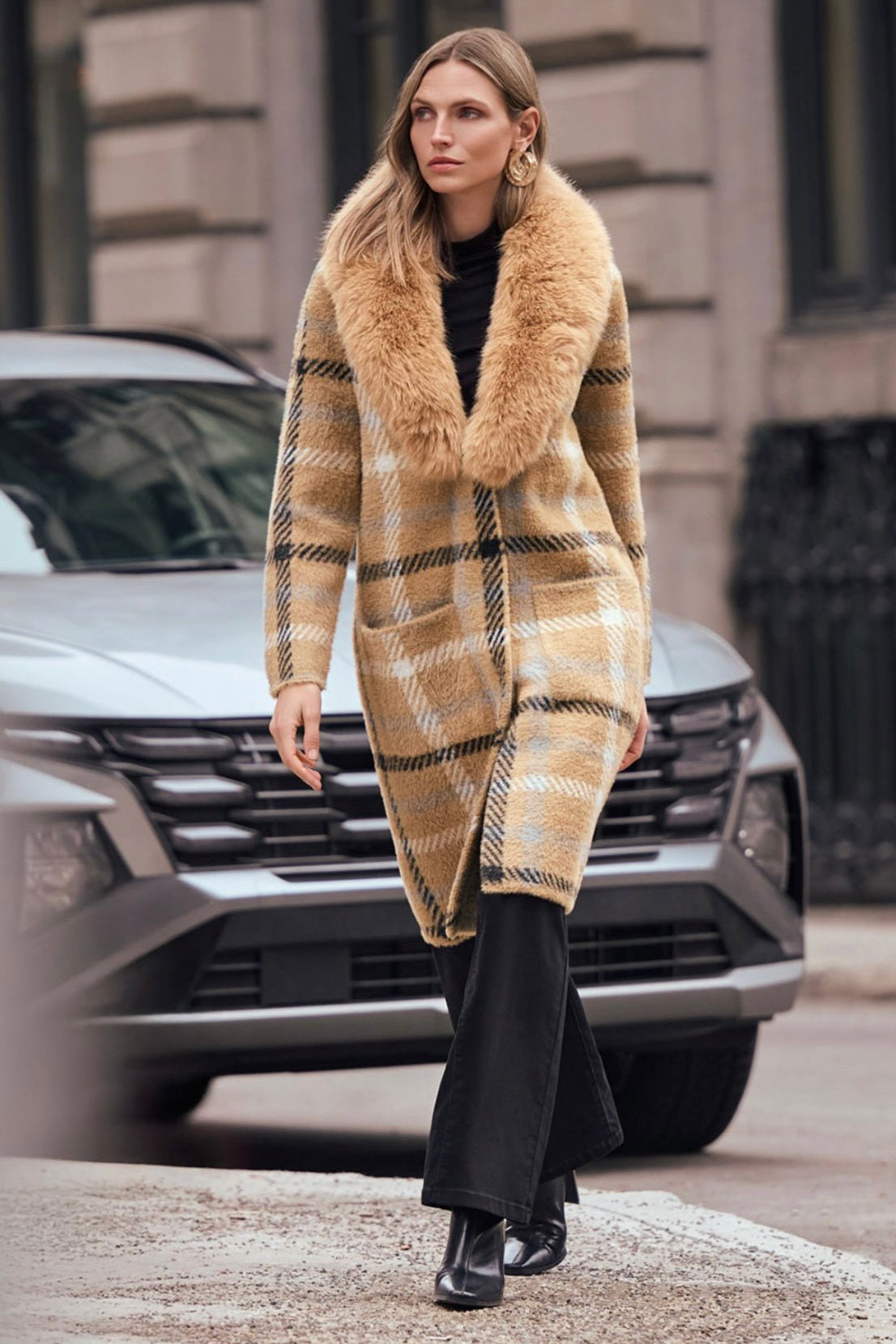 Shop Joseph Ribkoff Feather Yarn Plaid Coat With Detachable Faux Fur Collar - Joseph Ribkoff