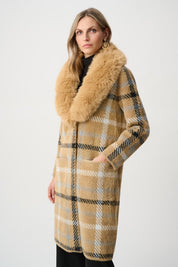 Shop Joseph Ribkoff Feather Yarn Plaid Coat With Detachable Faux Fur Collar - Joseph Ribkoff