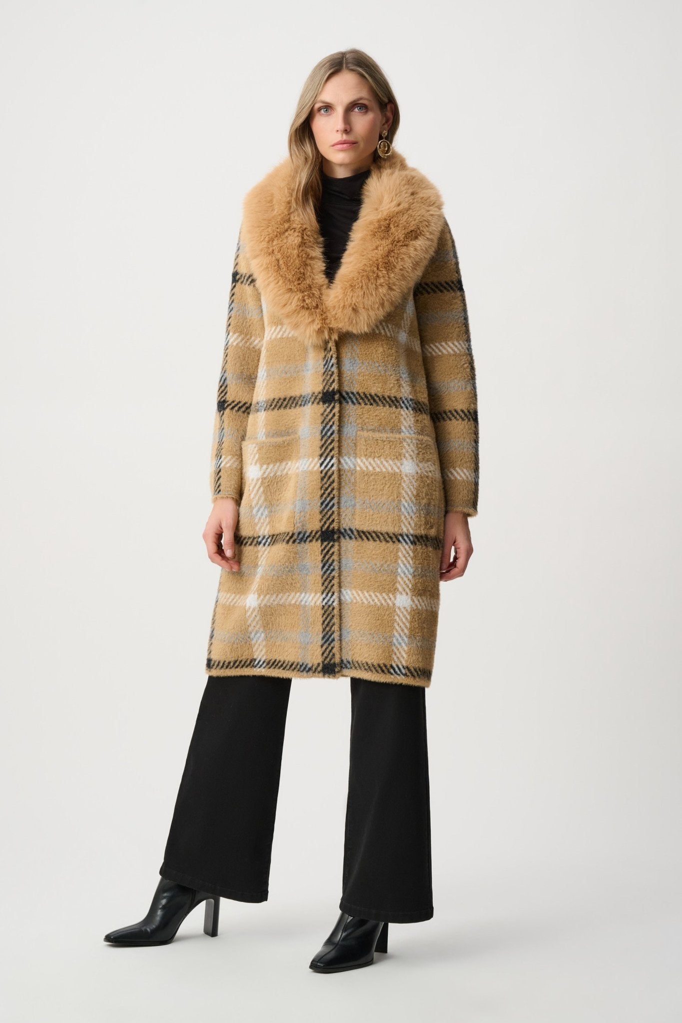 Shop Joseph Ribkoff Feather Yarn Plaid Coat With Detachable Faux Fur Collar - Joseph Ribkoff