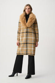 Shop Joseph Ribkoff Feather Yarn Plaid Coat With Detachable Faux Fur Collar - Joseph Ribkoff