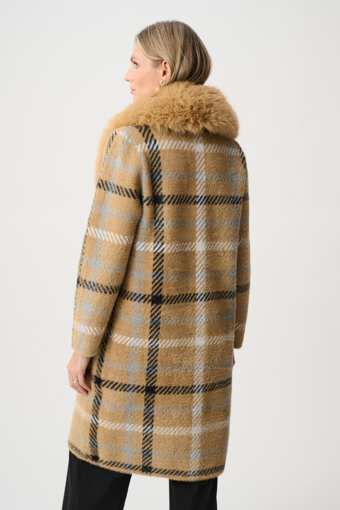 Shop Joseph Ribkoff Feather Yarn Plaid Coat With Detachable Faux Fur Collar - Joseph Ribkoff