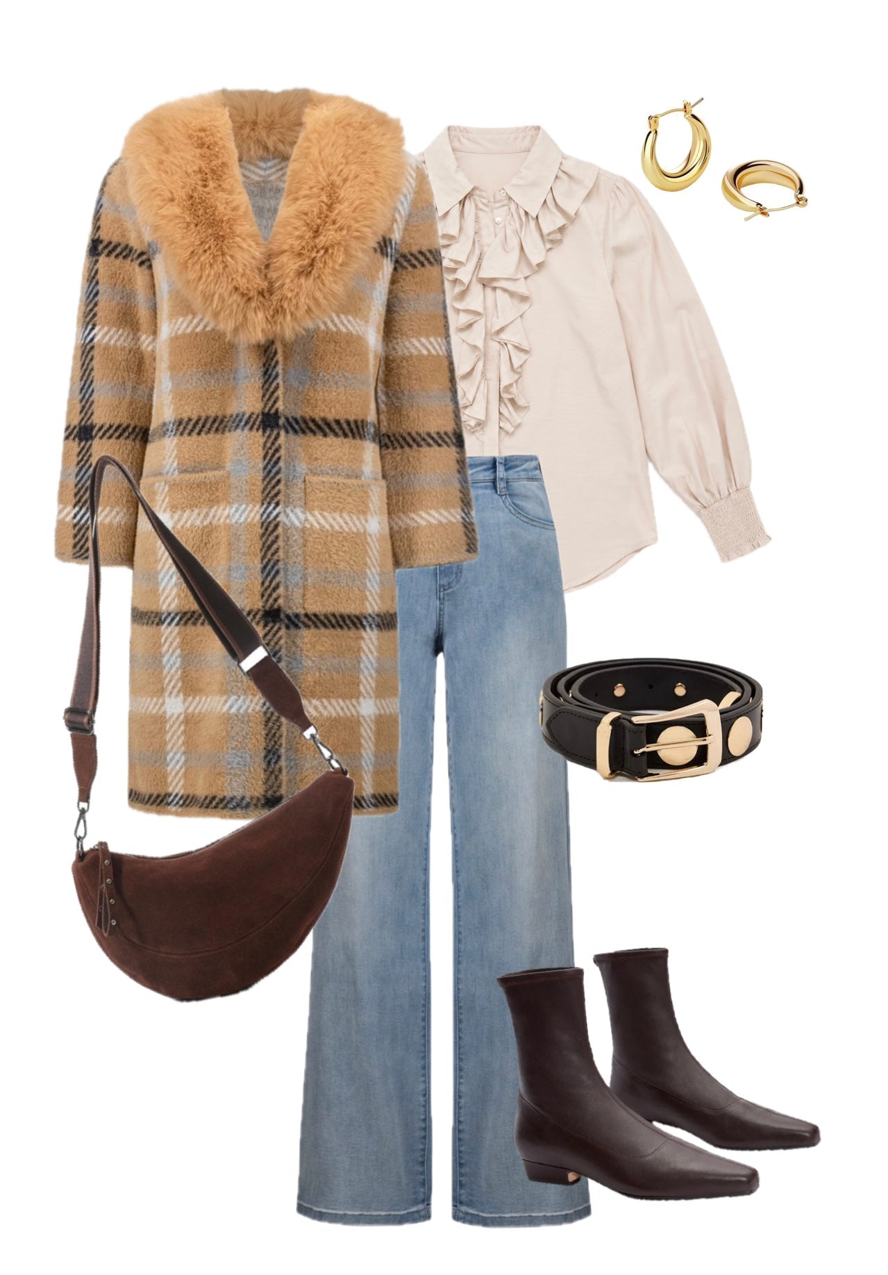 Shop Joseph Ribkoff Feather Yarn Plaid Coat With Detachable Faux Fur Collar - Joseph Ribkoff