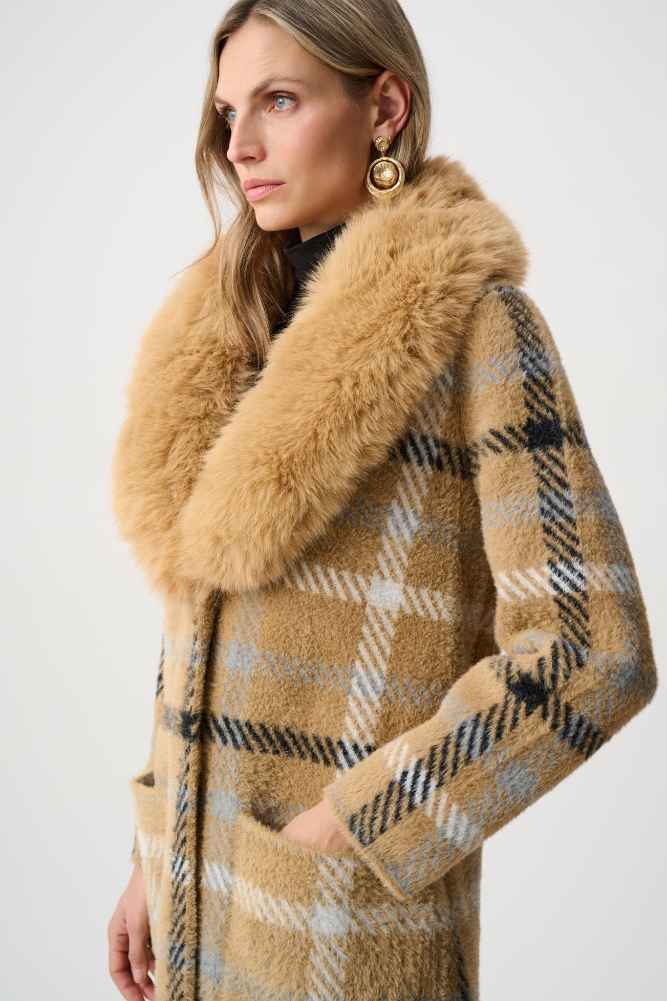 Shop Joseph Ribkoff Feather Yarn Plaid Coat With Detachable Faux Fur Collar - Joseph Ribkoff