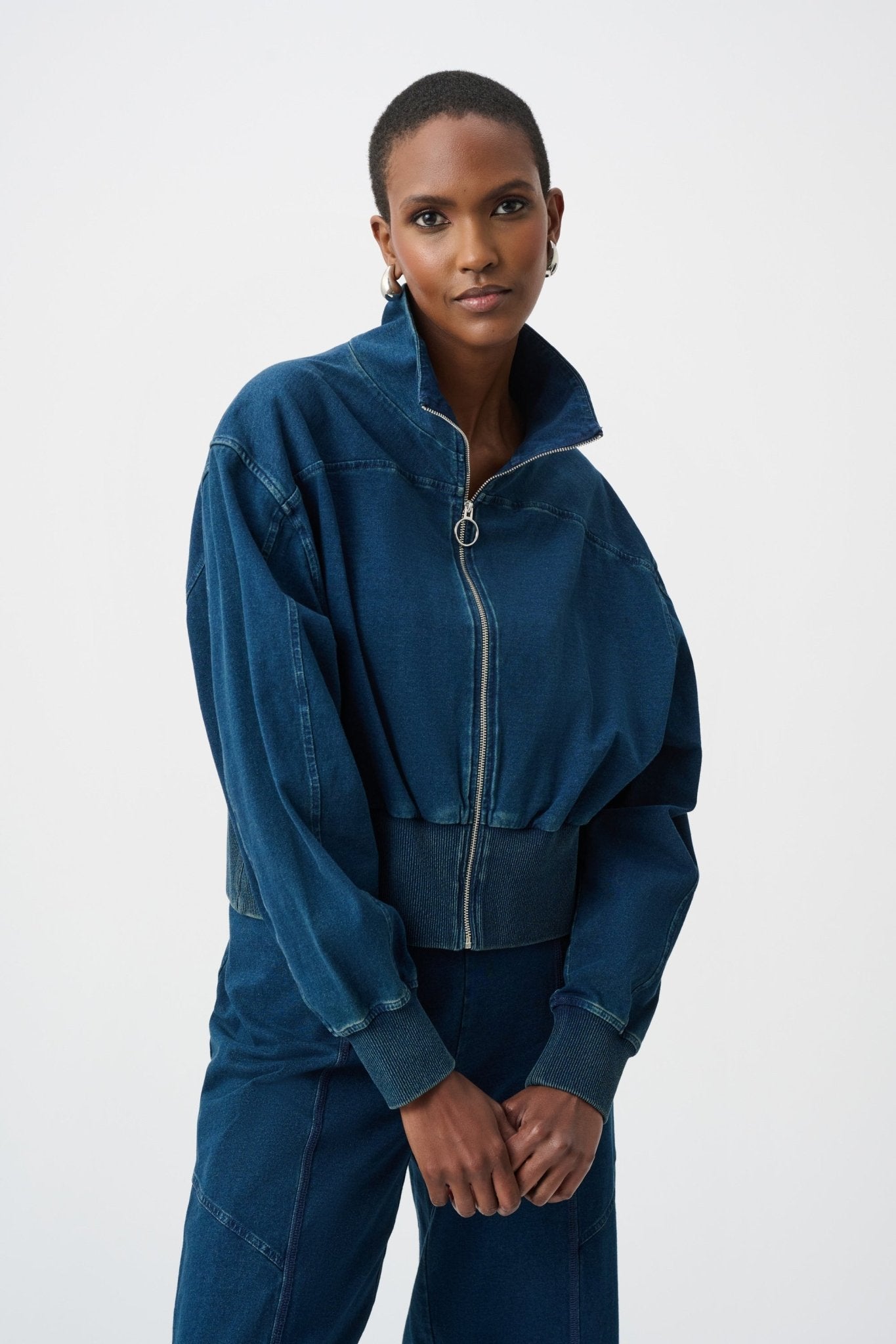 Shop Joseph Ribkoff Knit Denim Funnel - Neck Bomber Jacket - Joseph Ribkoff