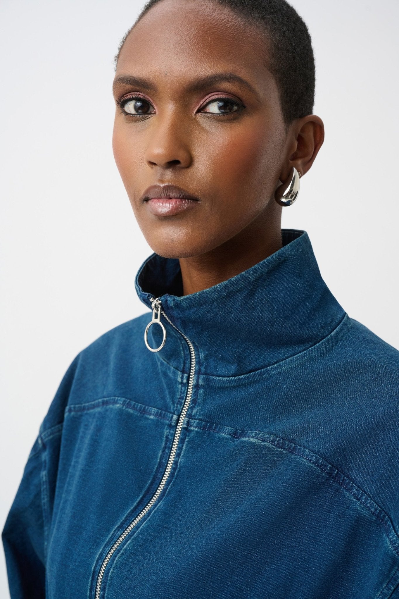 Shop Joseph Ribkoff Knit Denim Funnel - Neck Bomber Jacket - Joseph Ribkoff