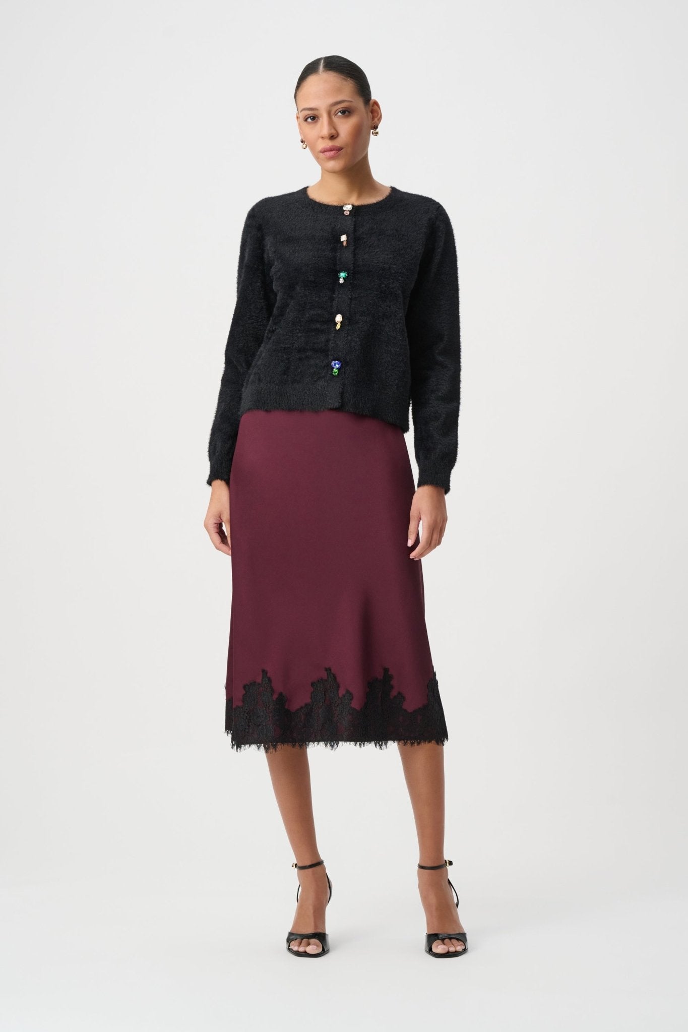 Shop Joseph Ribkoff Satin Lace Trim Midi Skirt - Joseph Ribkoff