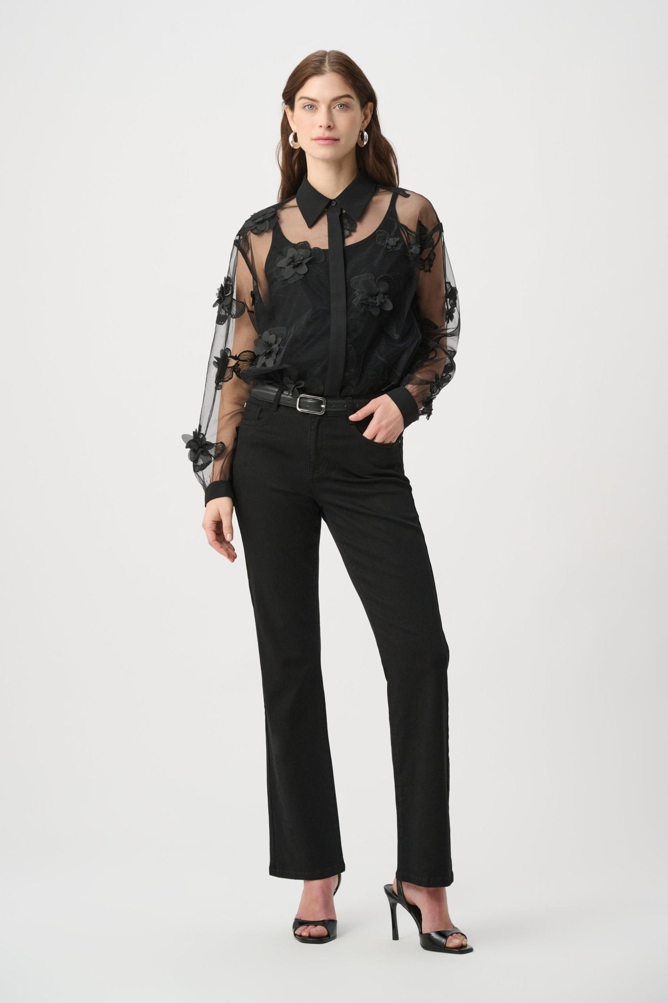 Shop Joseph Ribkoff Sheer Textured Flower Appliqué Blouse 264945 - Joseph Ribkoff