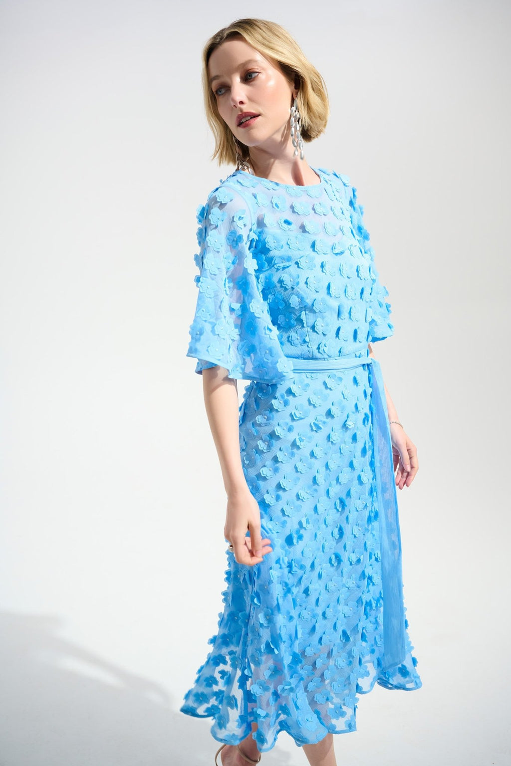 Shop Joseph Ribkoff Signature | 3D Embroidered Chiffon Fit And Flare Midi Dress - Joseph Ribkoff