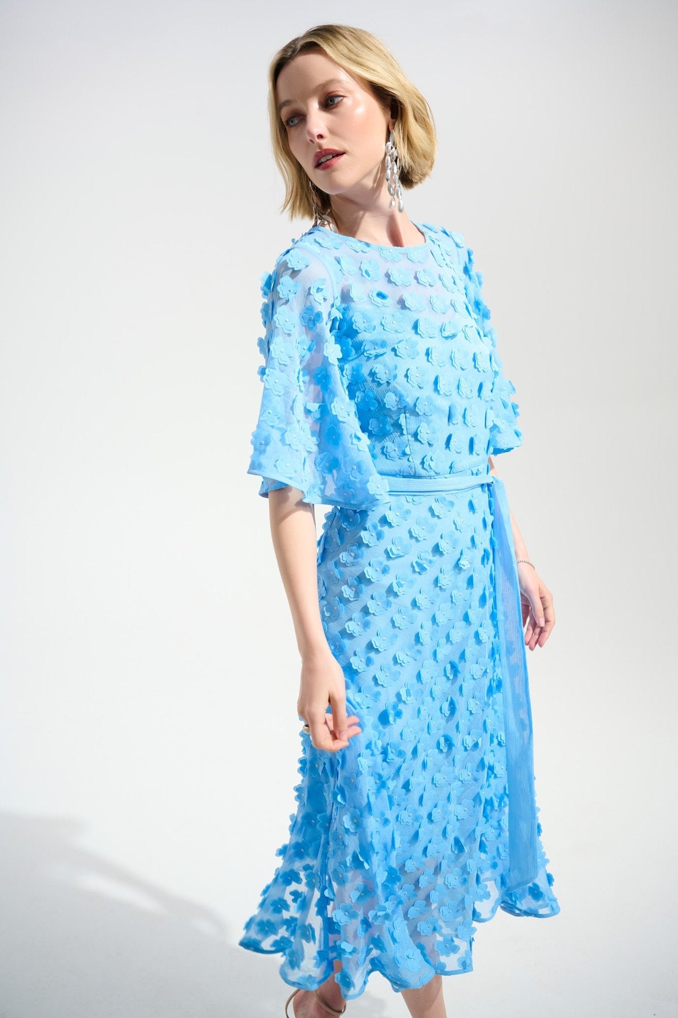 Shop Joseph Ribkoff Signature | 3D Embroidered Chiffon Fit And Flare Midi Dress - Joseph Ribkoff